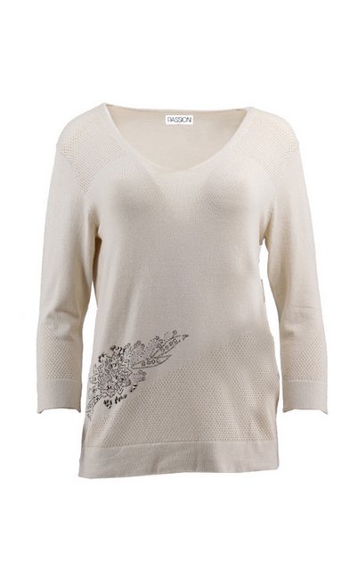 Passioni 3/4 Arm-Pullover Pullover in Beige mit Glitzer-Blumen-Print und pe günstig online kaufen