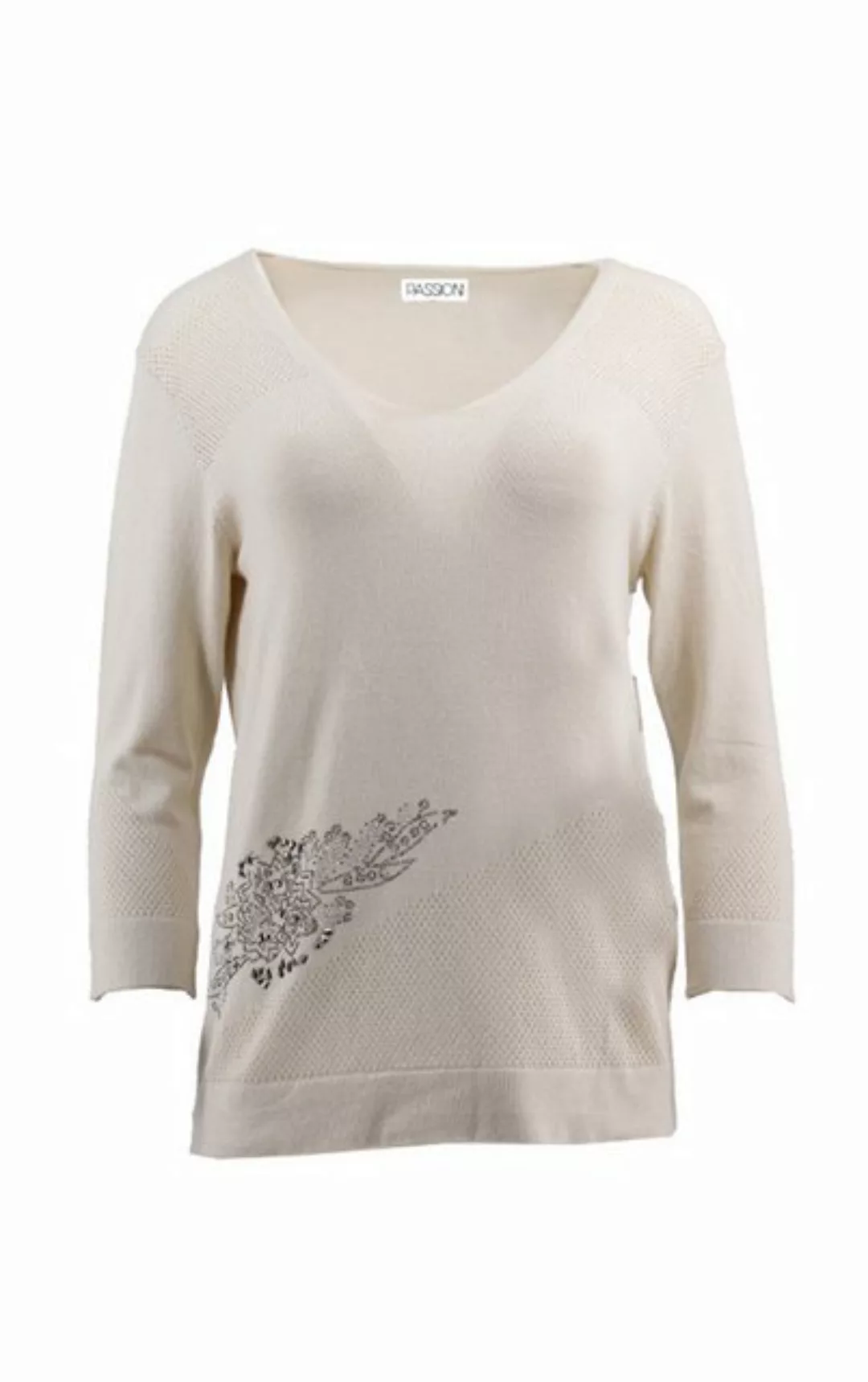 Passioni 3/4 Arm-Pullover Pullover in Beige mit Glitzer-Blumen-Print und pe günstig online kaufen