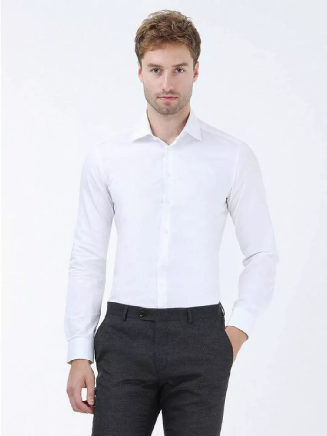 KİP Langarmhemd Weißes Gerades Slim Fit Weben Klassisches %100 Baumwollhemd günstig online kaufen