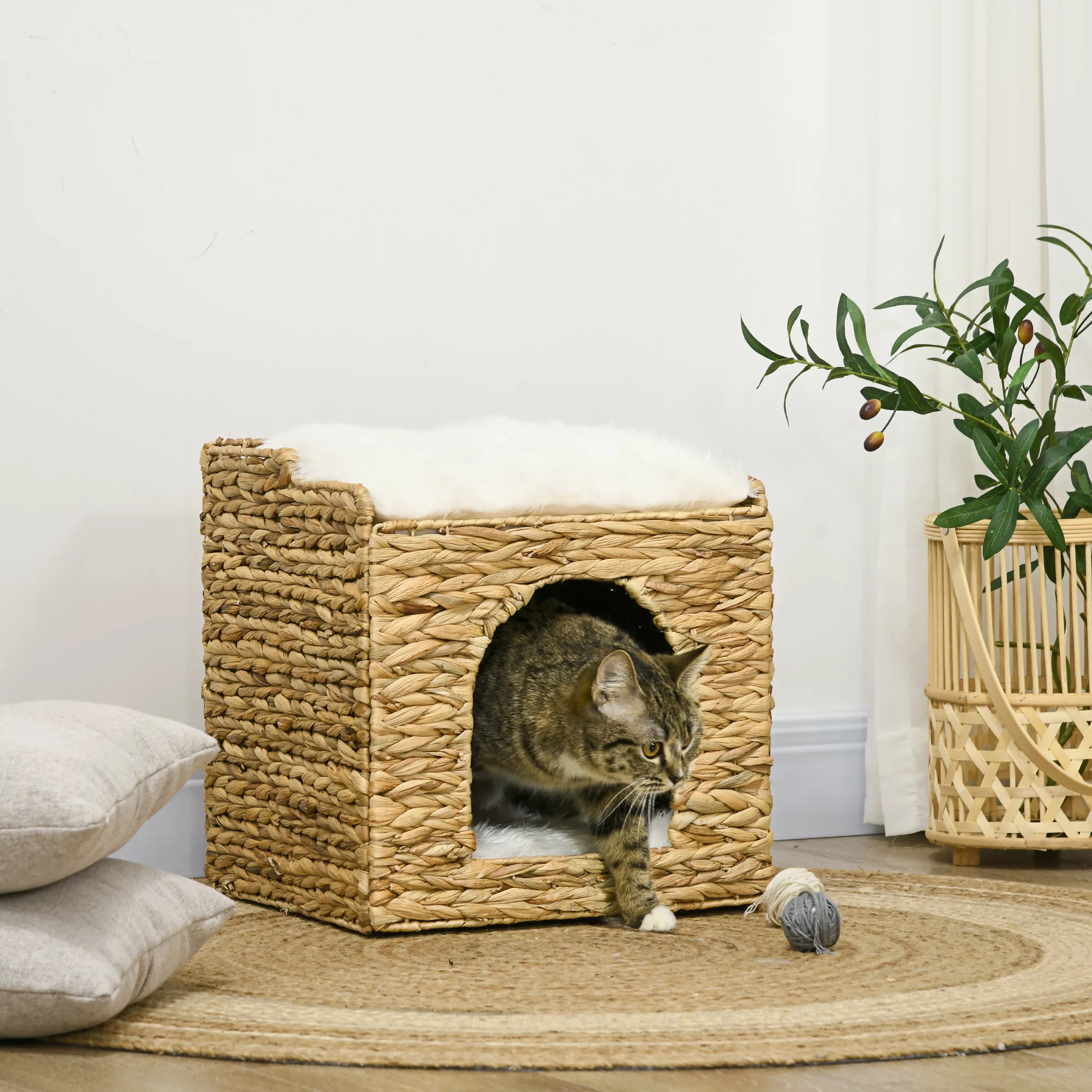 PawHut Rattan Katzenhaus, Katzenhöhle mit Kissen, Katzenhütte mit 2 Ebenen, günstig online kaufen