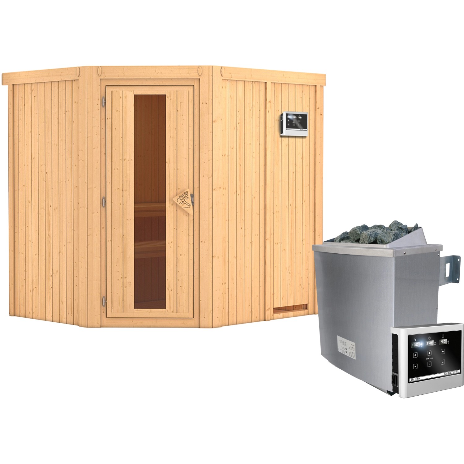 Karibu Sauna-Set Swenna inkl. Ofen 9 kW mit ext. Steuerung, Energiespartür günstig online kaufen