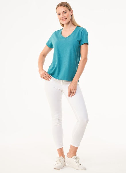 Damen Basic T-shirt Aus Bio-baumwolle Mit V-ausschnitt günstig online kaufen