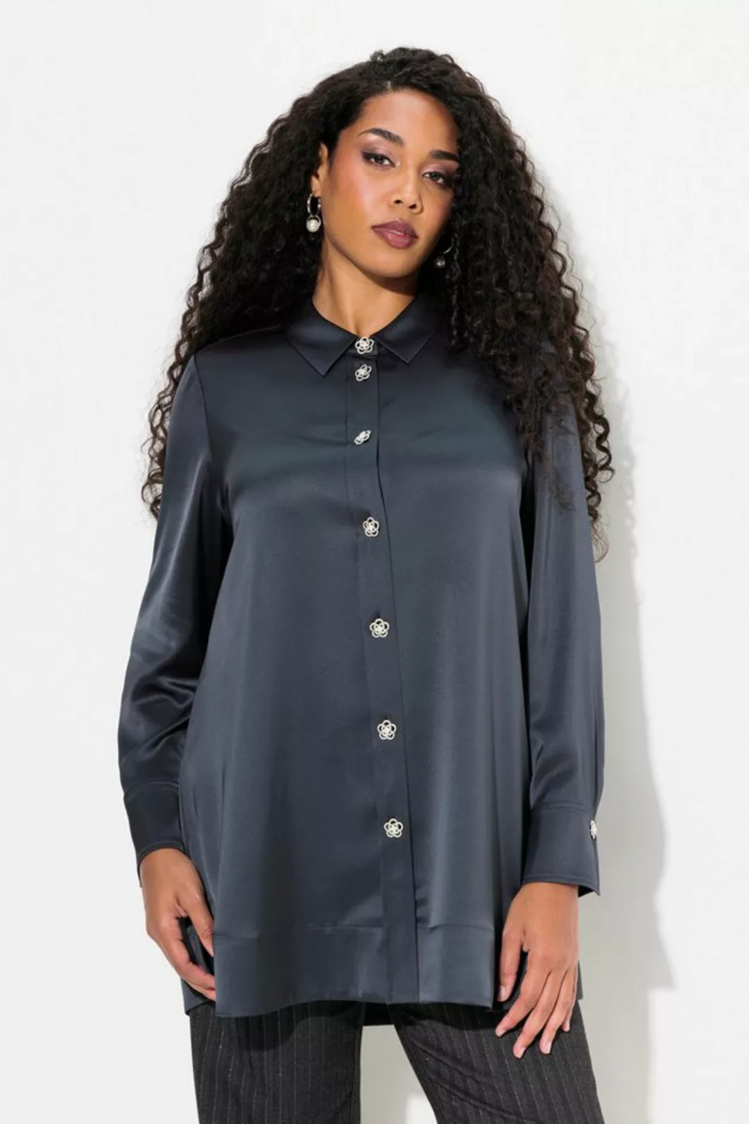 Ulla Popken Hemdbluse Bluse Acetat A-Linie Hemdkragen Langarm günstig online kaufen