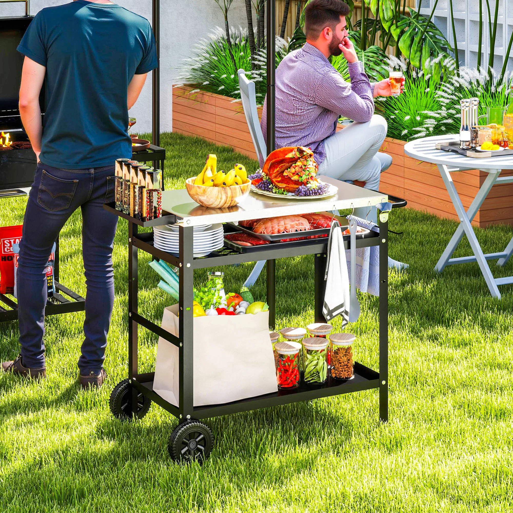 Outsunny Grillwagen 3-Etagen Servierwagen mit Arbeitsfläche Griffe Hülle Rä günstig online kaufen
