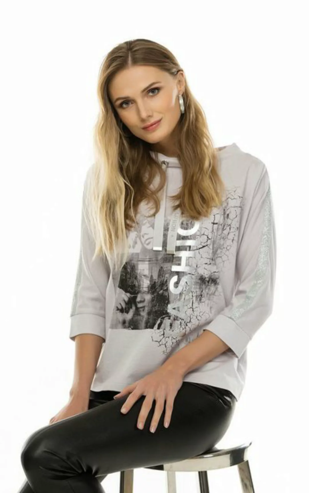Passioni Sweatshirt Sommerpullover in grau mit Print und Glitzerdetails sow günstig online kaufen