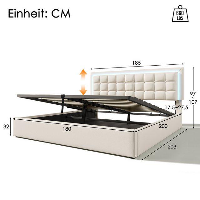 Flieks Stauraumbett (1-tlg), LED-Beleuchtung Kunstleder Doppelbett 180x200c günstig online kaufen