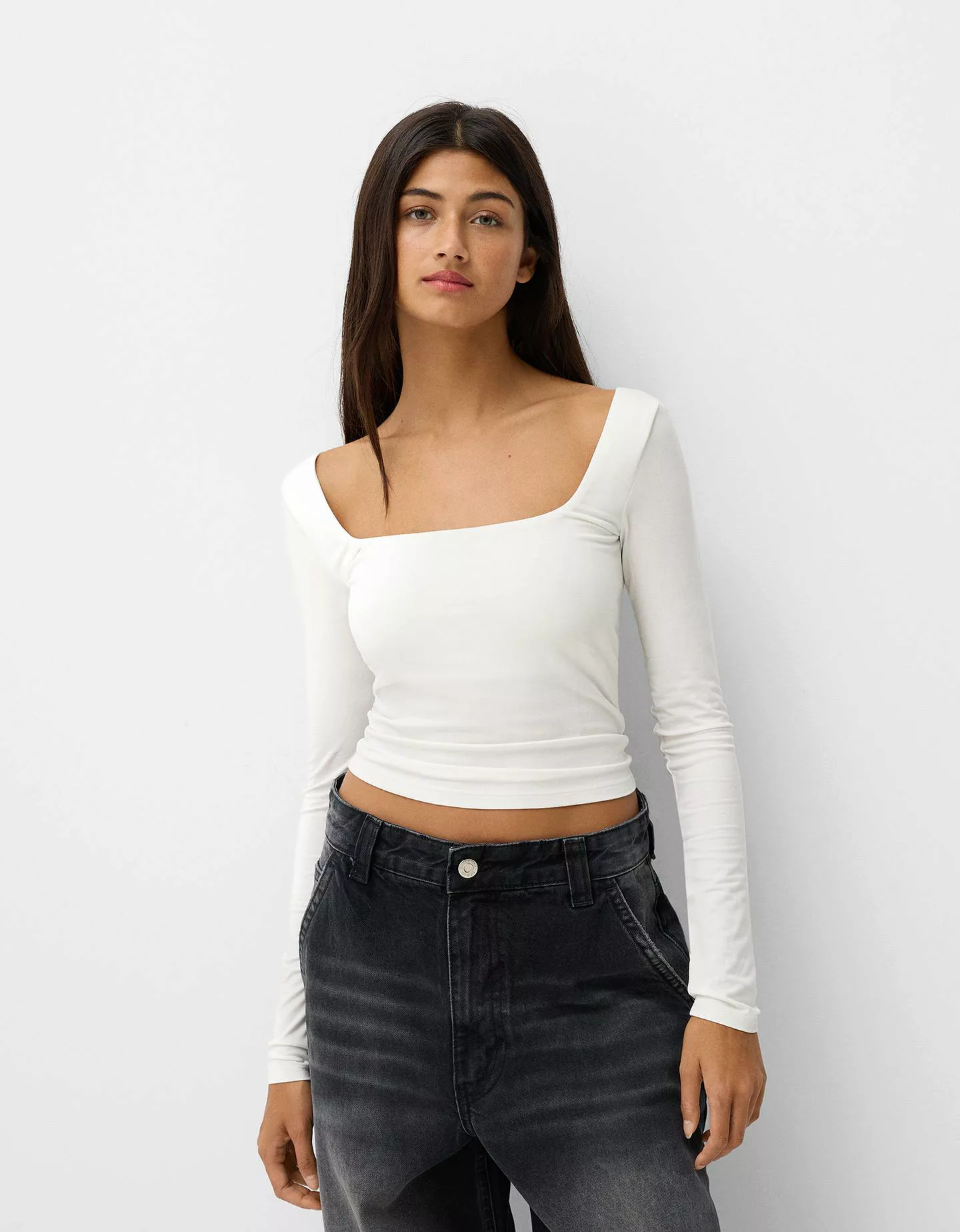 Bershka Shirt Mit Langen Ärmeln Und Kastenausschnitt Damen S Grbrochenes We günstig online kaufen