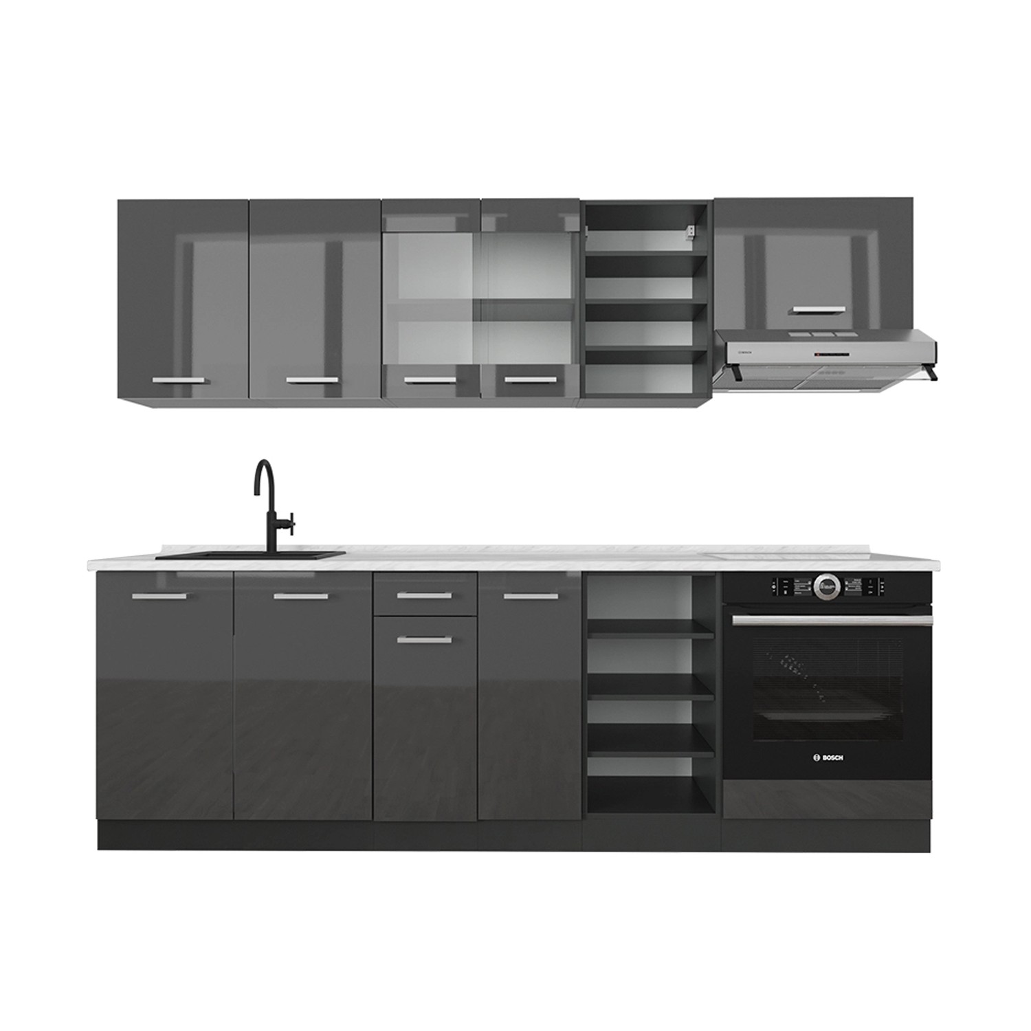 Vicco R-Line Küchenzeile Anthrazit Hochglanz/Anthrazit 240 cm AP Marmor günstig online kaufen
