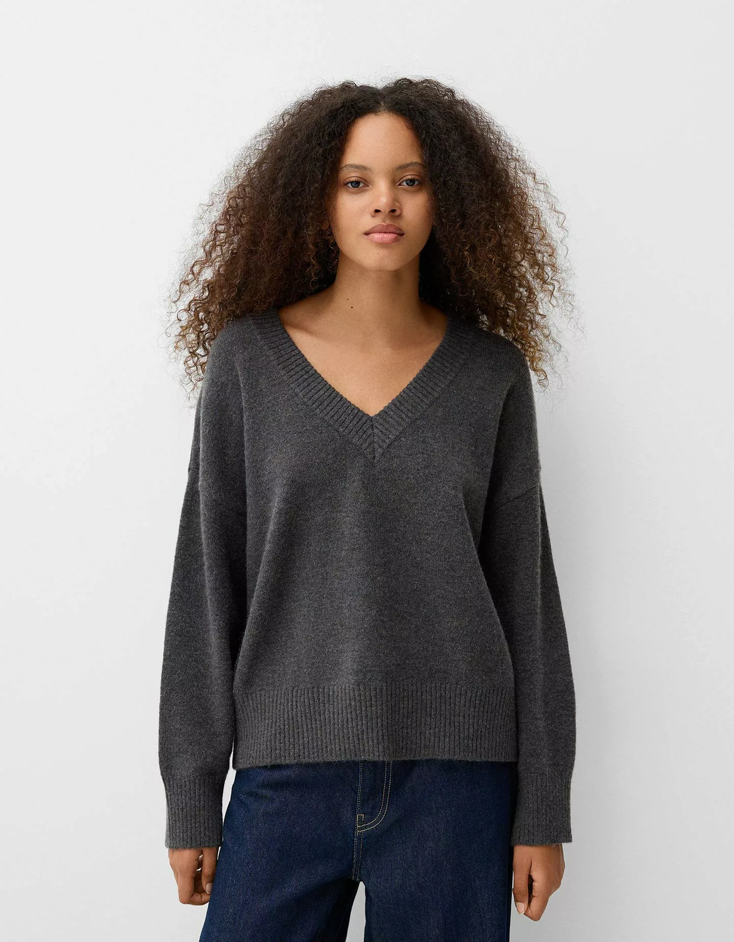 Bershka Oversize-Pullover Mit V-Ausschnitt Damen M Grau günstig online kaufen