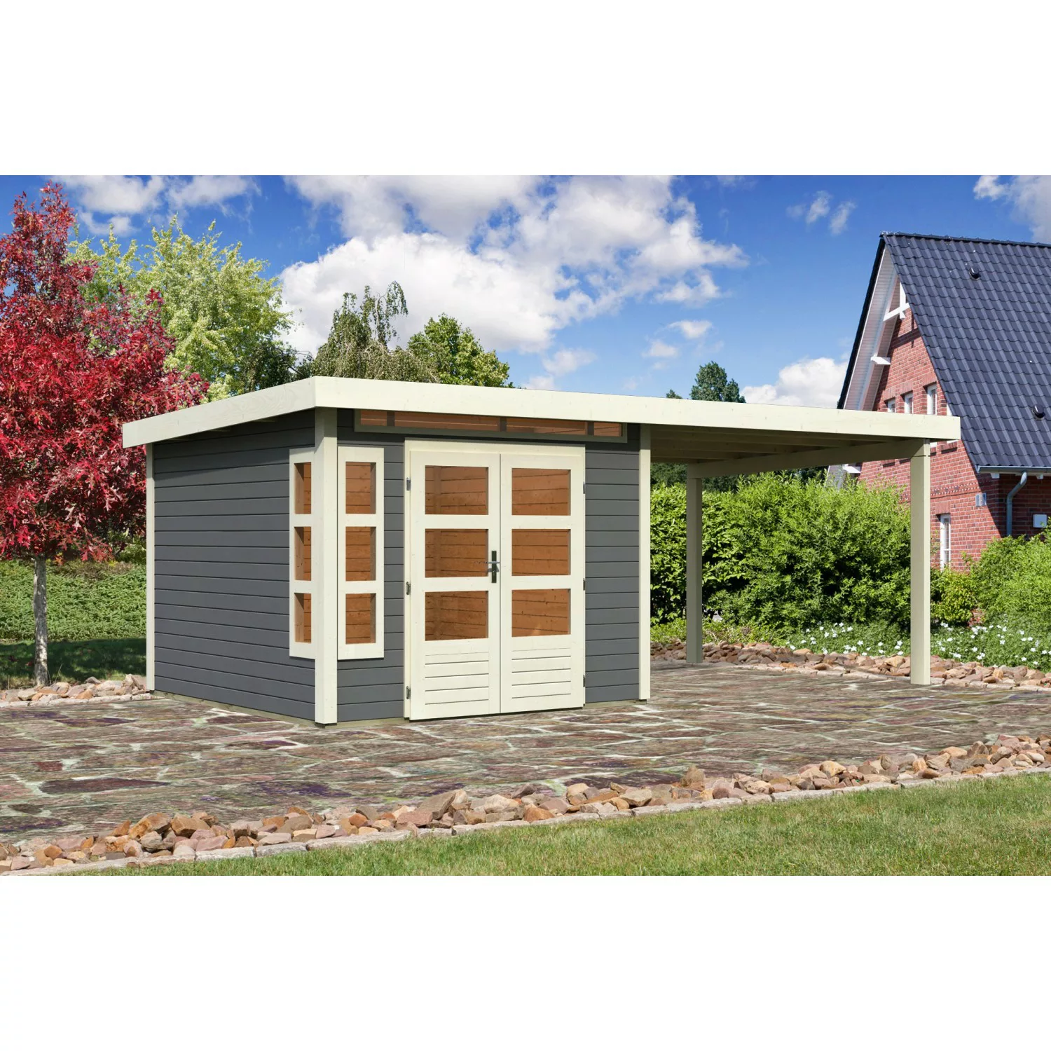 Karibu Holz-Gartenhaus/Gerätehaus Kastberg Terragrau Flachdach Lackiert 270 günstig online kaufen