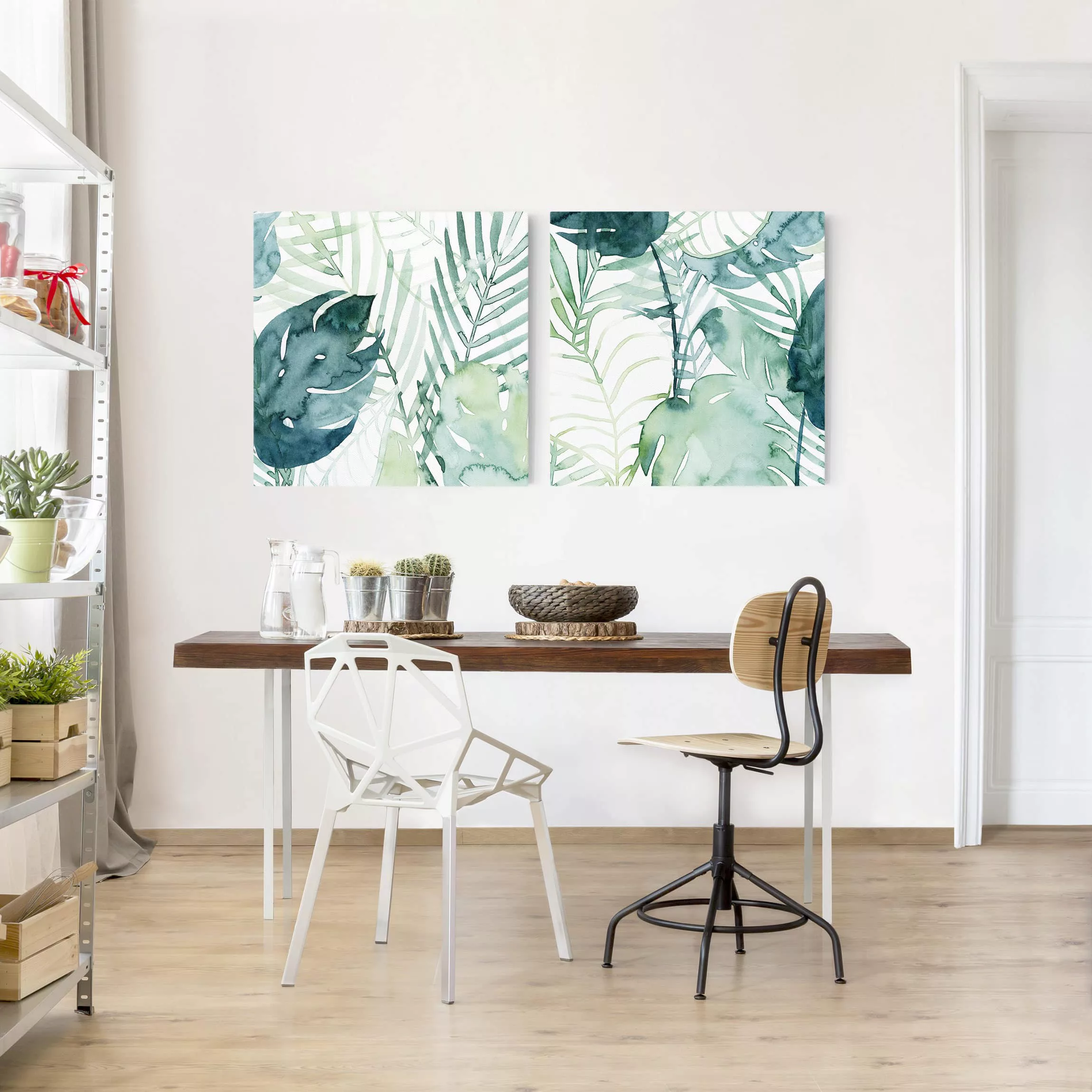 2-teiliges Leinwandbild Botanik - Quadrat Palmwedel in Wasserfarbe Set I günstig online kaufen