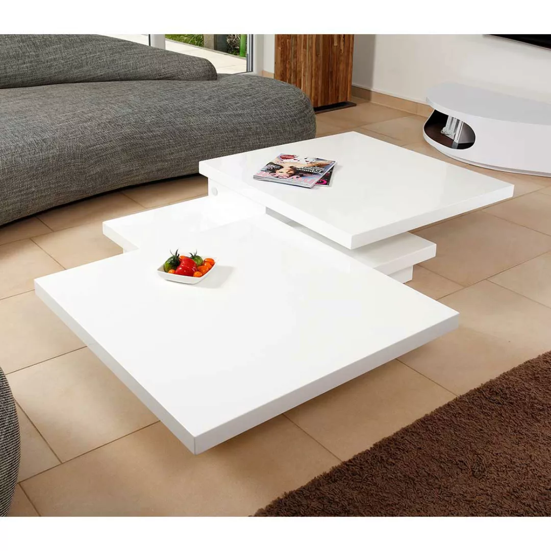 Hochglanz Couchtisch in Weiß schwenkbaren Tischplatten günstig online kaufen