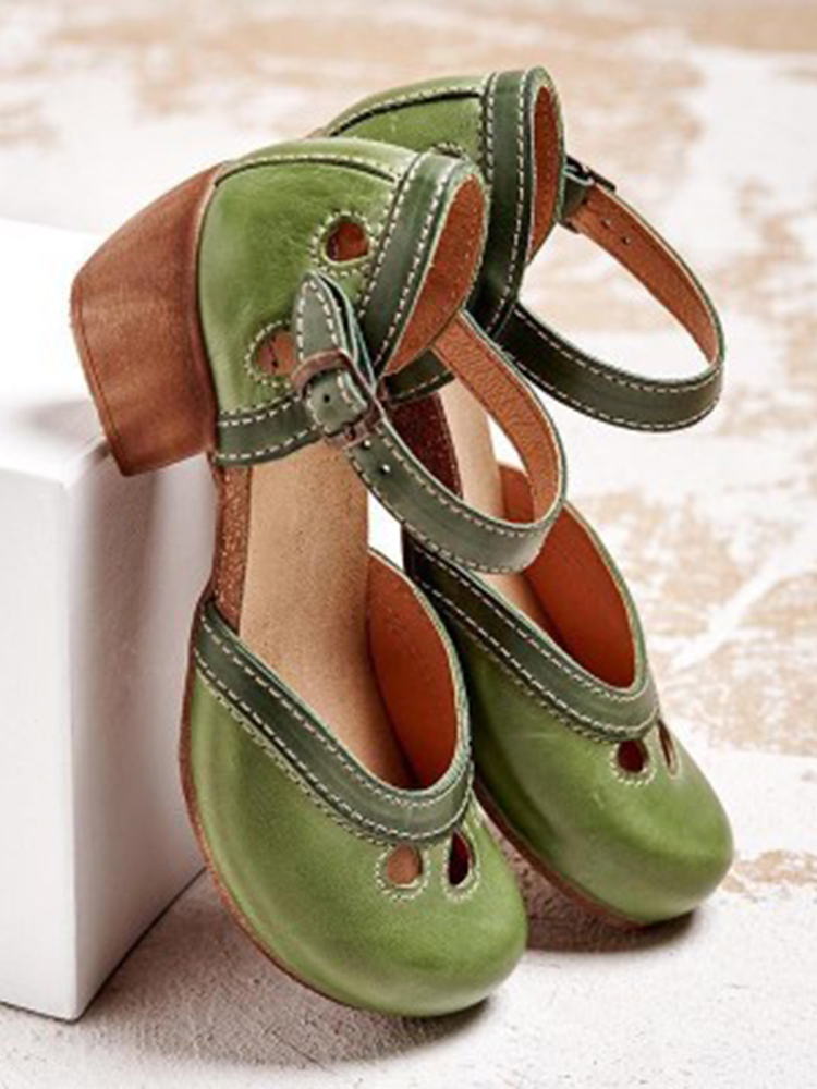 Damen Vintage Clogs mit hohlem Schnallenriemen und klobigem Absatz D'Orsay günstig online kaufen