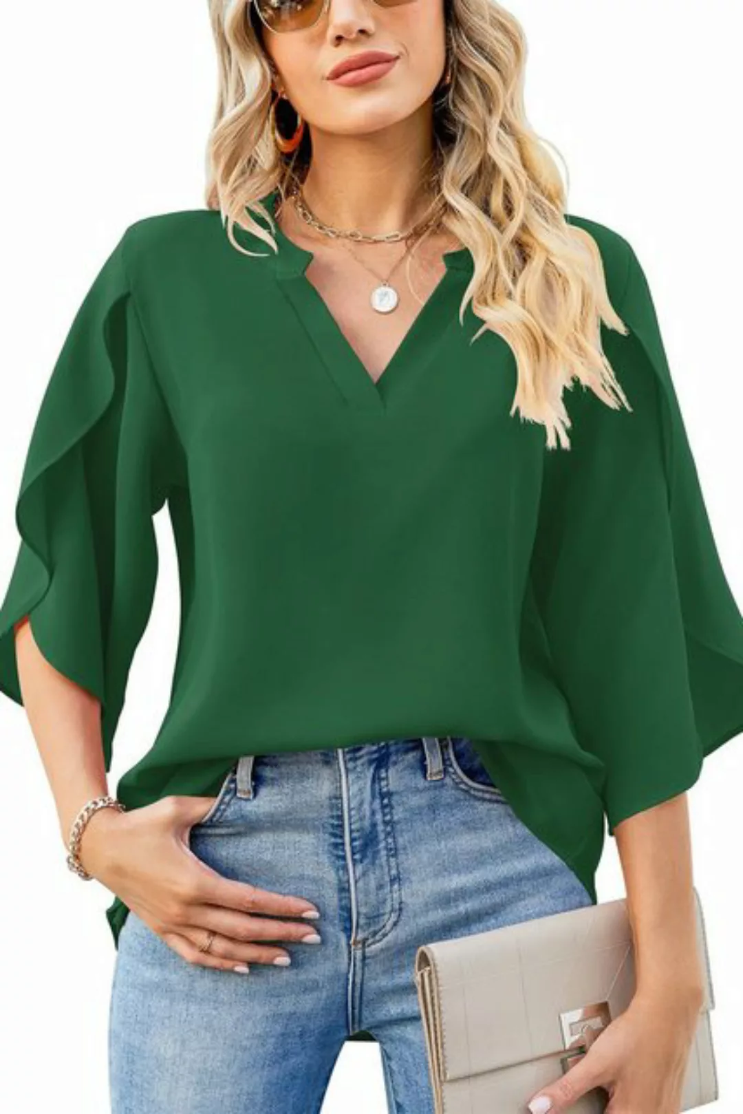 HWCTHFH Kurzarmbluse Damen Casual Chiffon Bluse Tops 3/4 Rüschen Ärmel V-Au günstig online kaufen