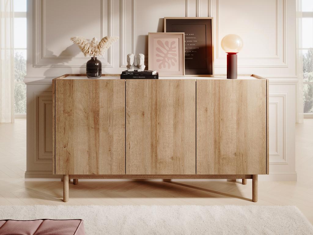 Sideboard mit 3 Türen - Helle Holzfarben & Marmor-Optik Weiß - SITOLI günstig online kaufen