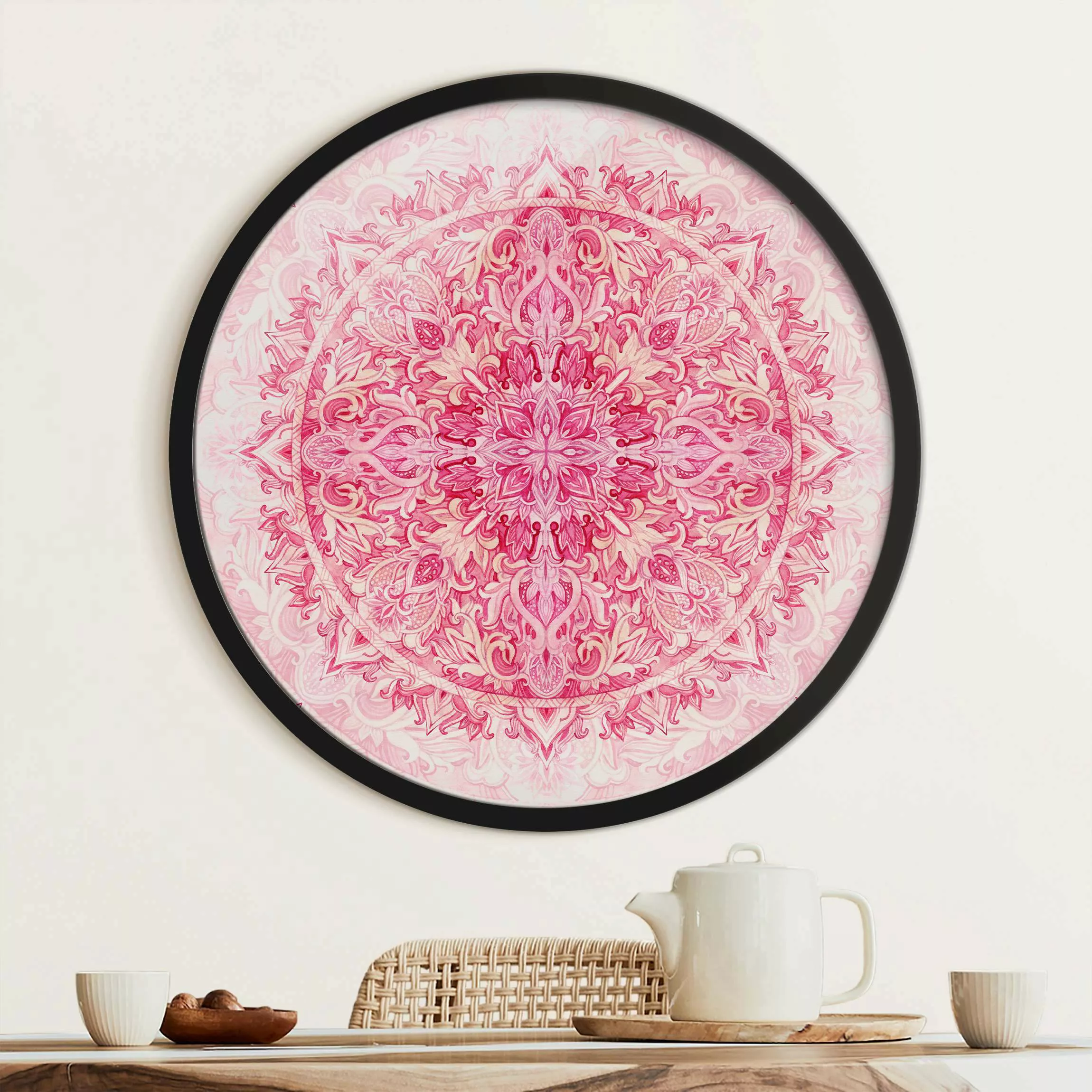 Rundes Gerahmtes Bild Mandala Aquarell Ornament Muster pink günstig online kaufen