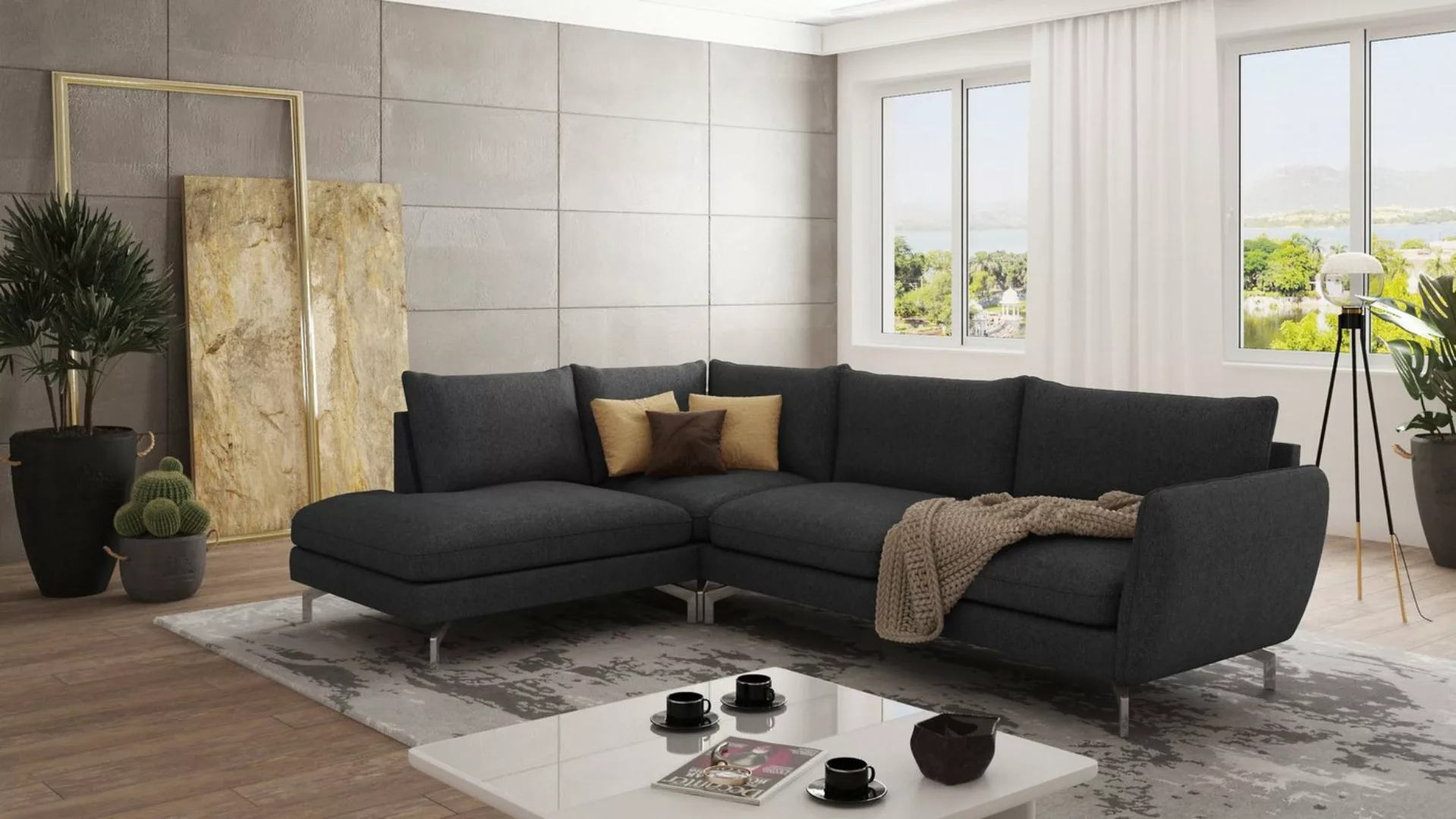 S-Style Möbel Ecksofa Benita mit Silber Metall Füßen, Ottomane links oder r günstig online kaufen