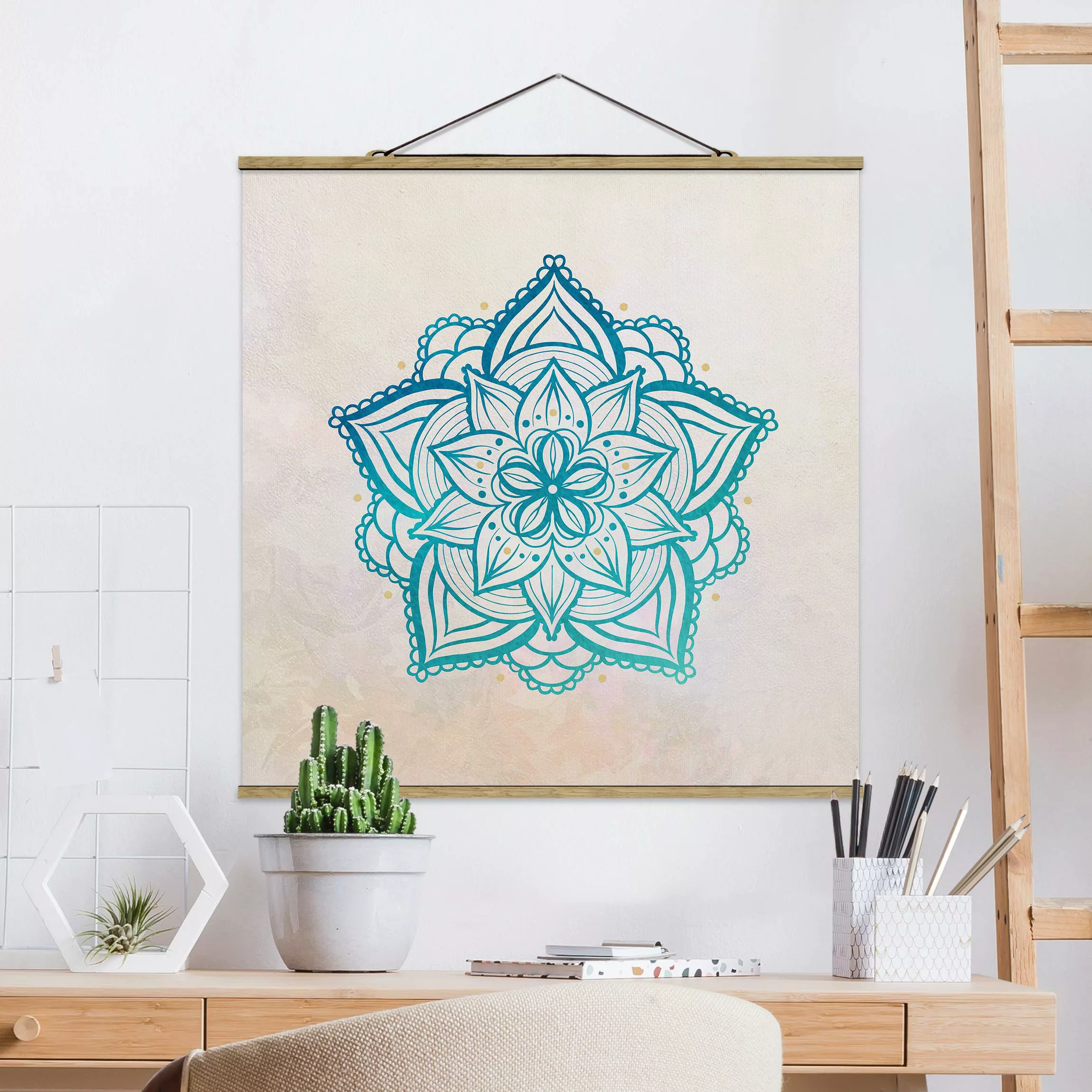 Stoffbild Mandala mit Posterleisten - Quadrat Mandala Hamsa Hand Lotus Set günstig online kaufen