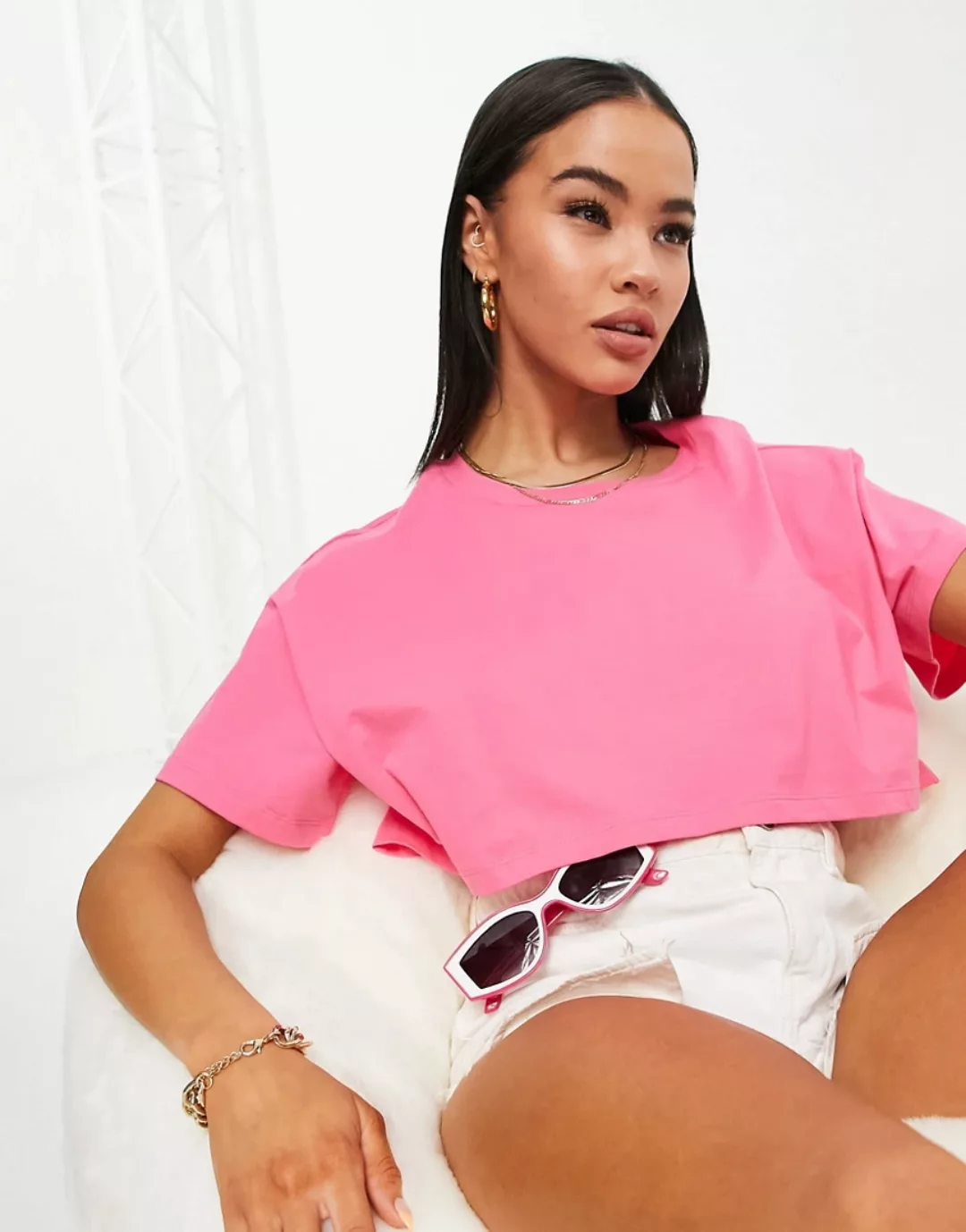 ASOS DESIGN – Superkurz geschnittenes T-Shirt in Pink-Rosa günstig online kaufen