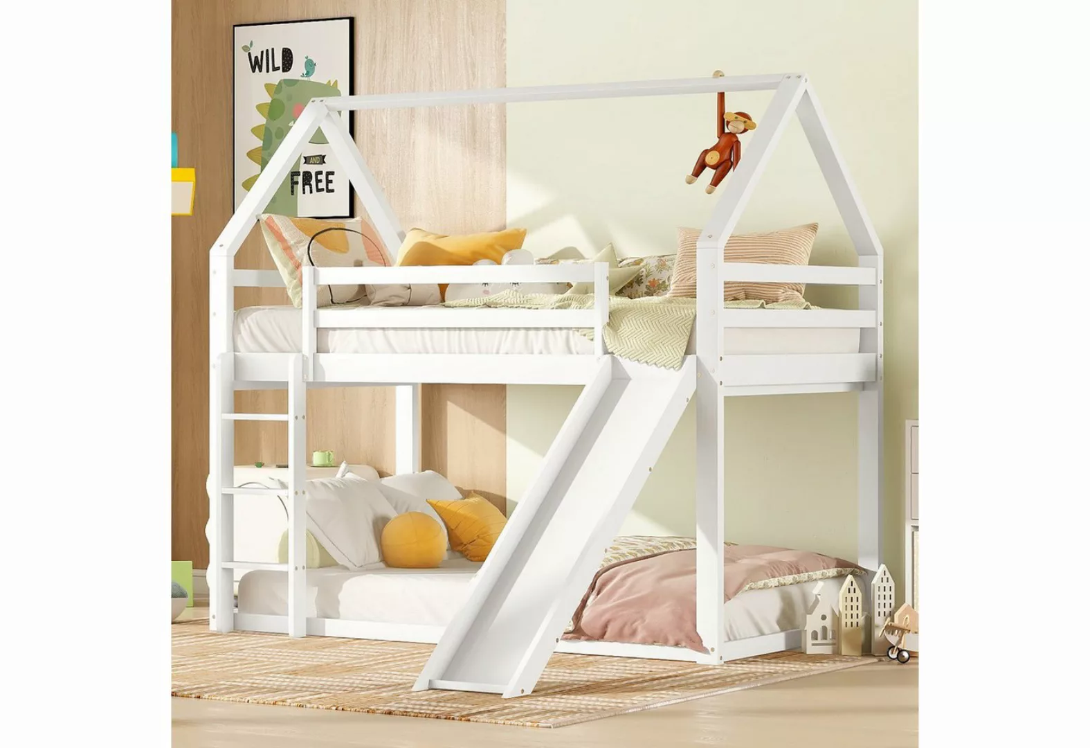 Celya Etagenbett Kinderbett Hausbett mit Rutsche und Leiter, 90x200cm,Weiß günstig online kaufen