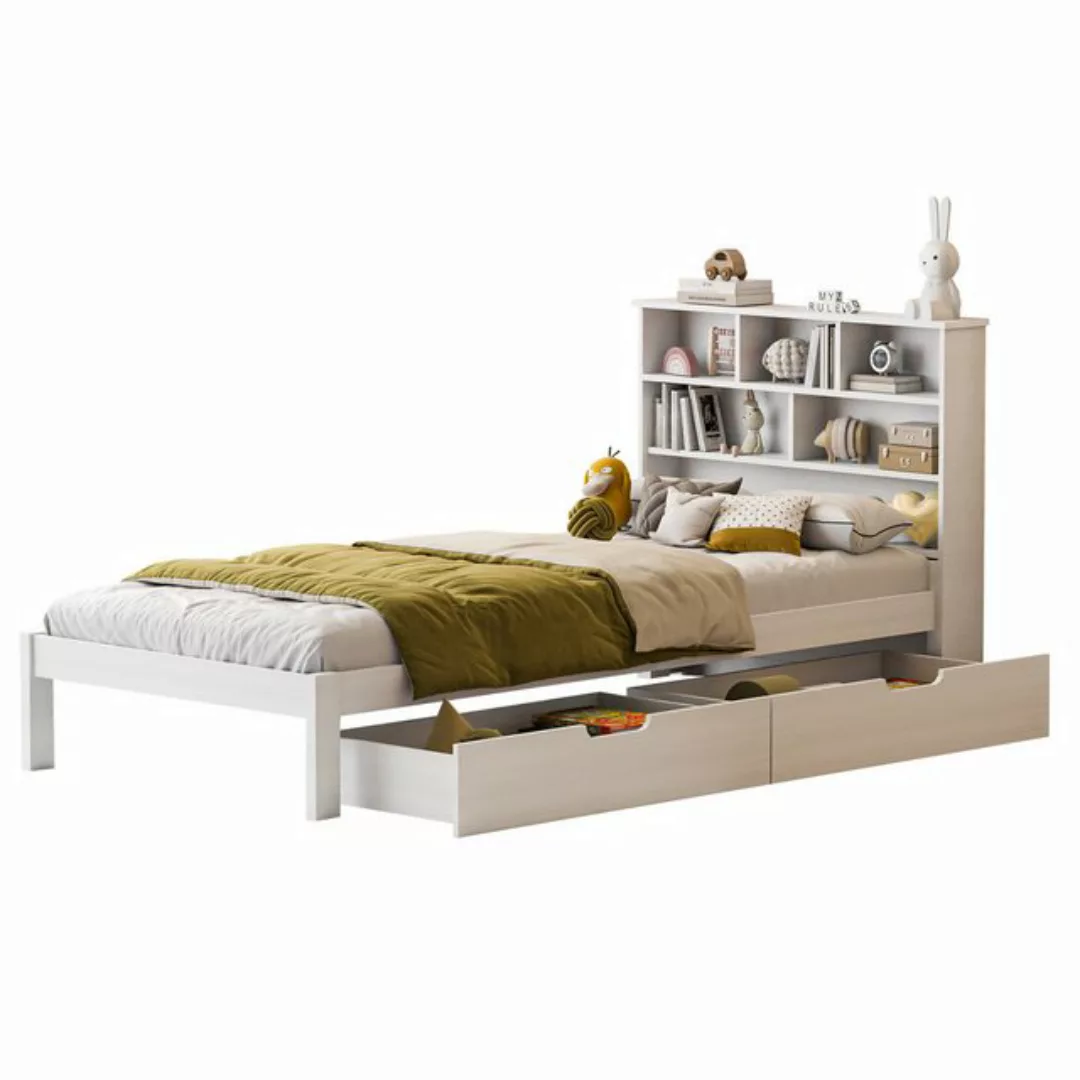 FUROKOY Holzbett Einzelbett mit Bücherregal Kopfteil 90x200 cm, Ehebett Mas günstig online kaufen