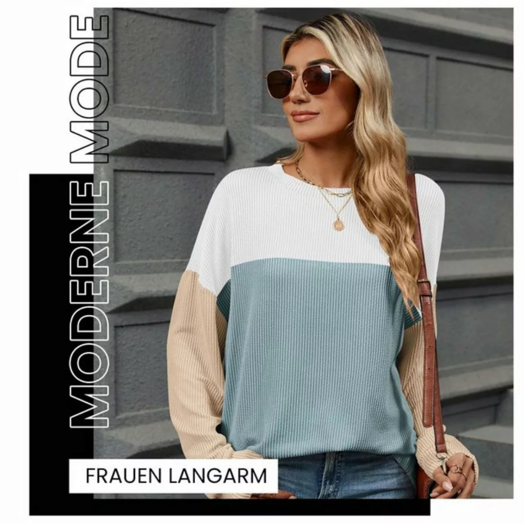 Zoclack Rundhalspullover Damen Strickpullover Farbblock Langarm Rundhals Pu günstig online kaufen