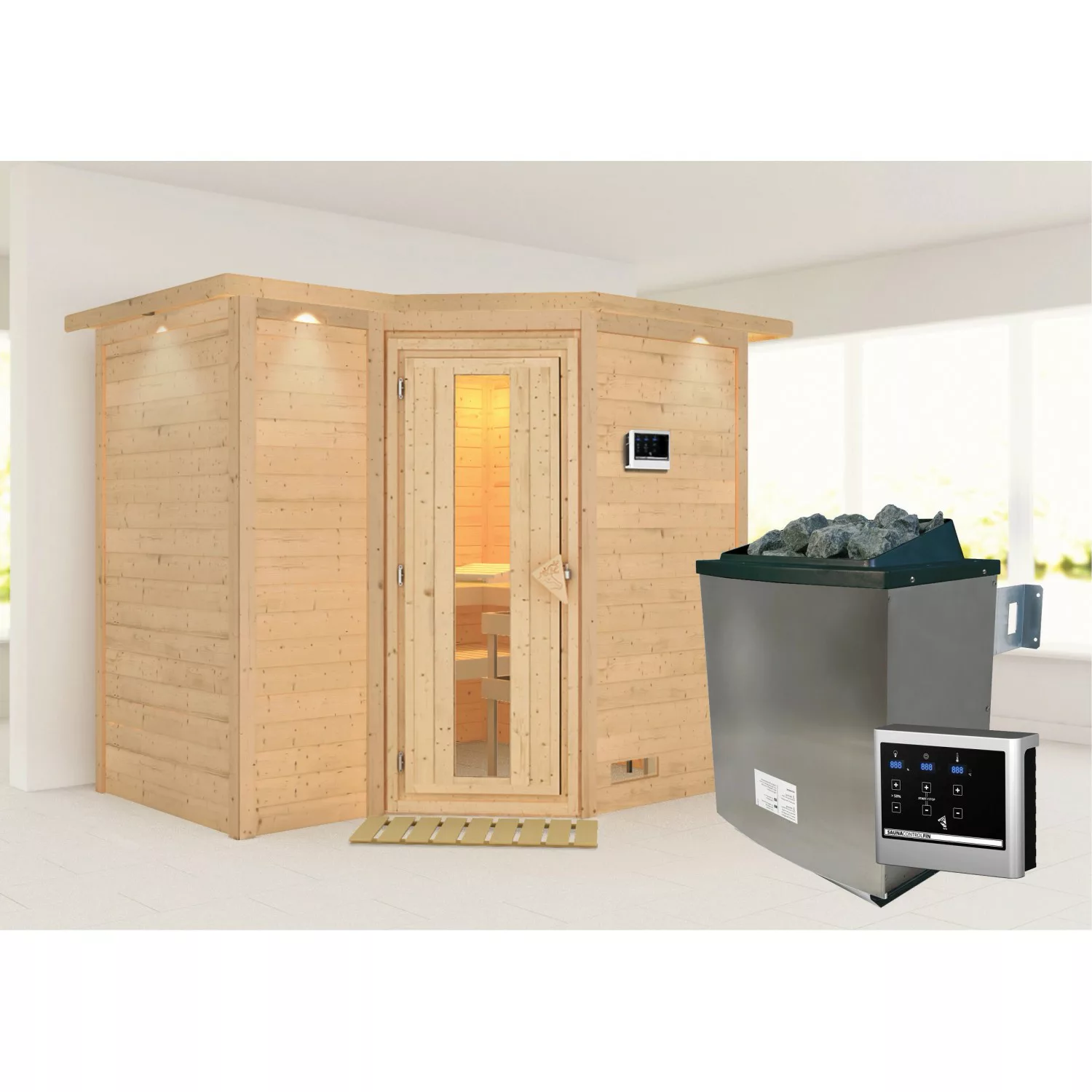 Karibu Sauna Steena 2 mit Ofen externe Stg.LED-Dachkranz Natur günstig online kaufen