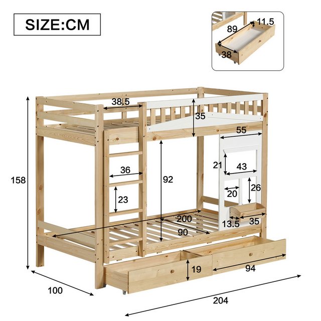 Flieks Etagenbett, Kinderbett Fenster-Design 90x200cm mit Leiter und 2 Schu günstig online kaufen