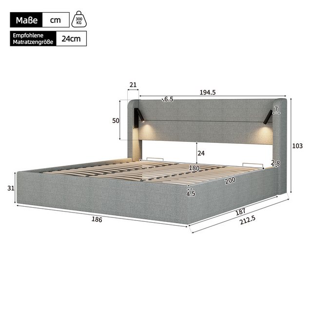 HAUSS SPOLE Polsterbett 180x200cm mit Stauraum, Beleuchtung, Holzlattenrost günstig online kaufen