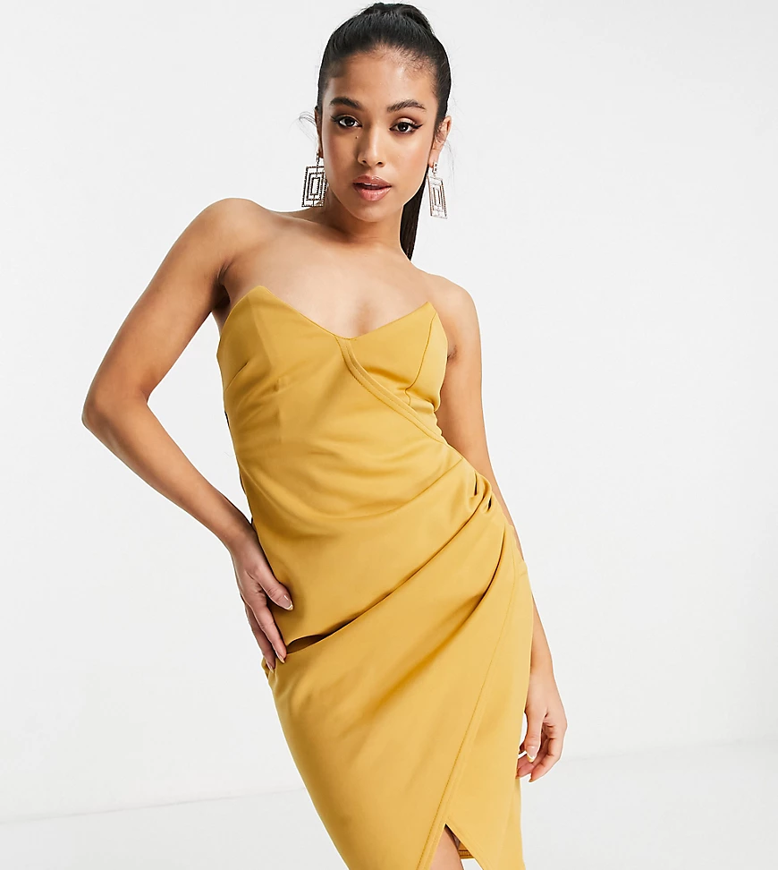 ASOS DESIGN Petite – Trägerloses Midi-Wickelkleid in Honiggelb günstig online kaufen