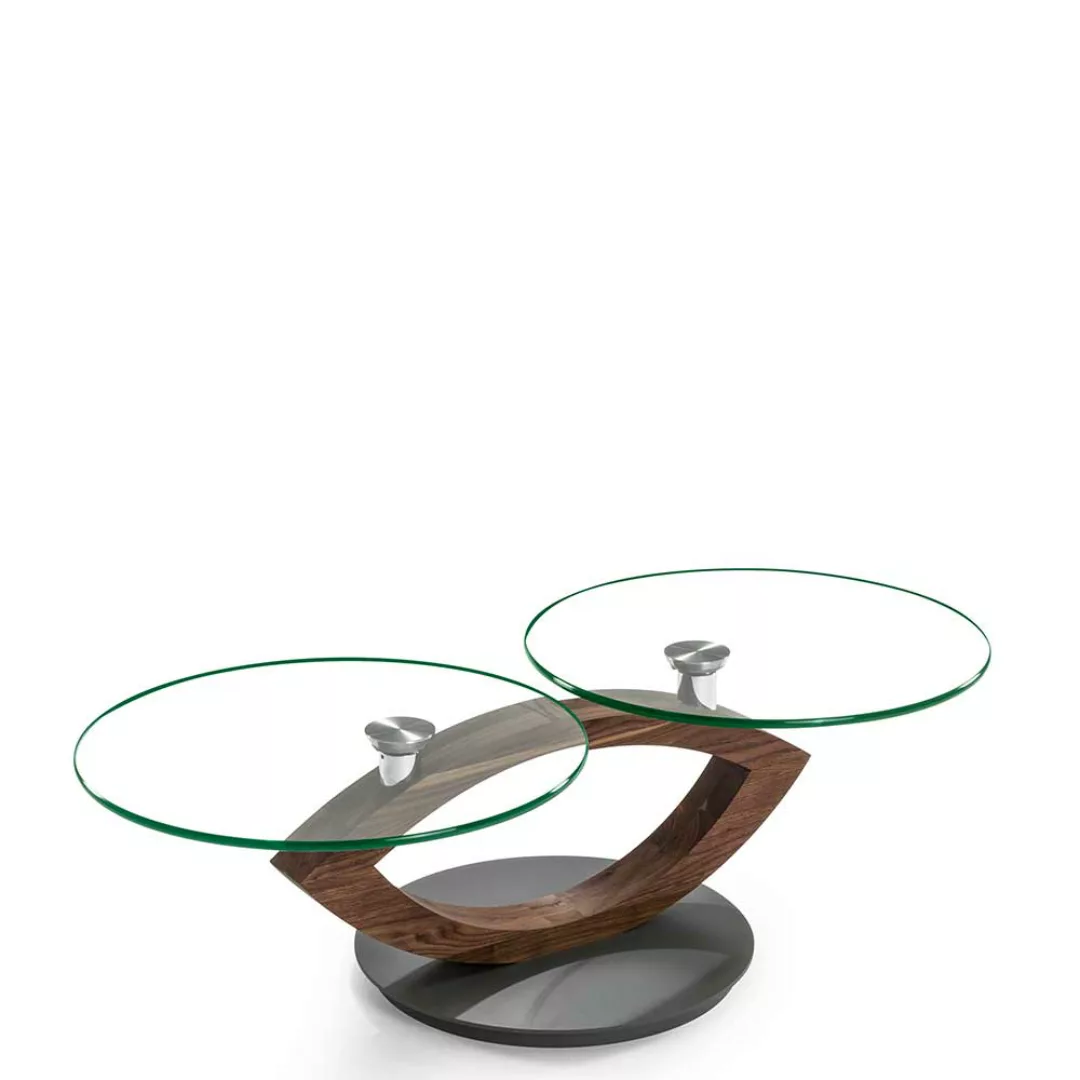 Design Sofatisch mit zwei runden Glasplatten Nussbaum Massivholz günstig online kaufen