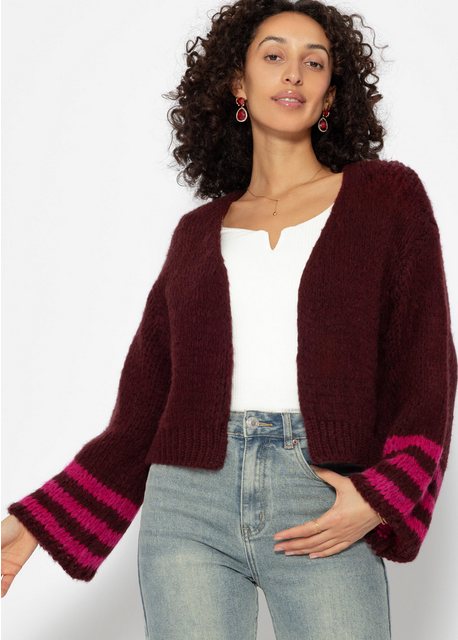 SASSYCLASSY Cardigan Lässige Strickjacke mit Strefien-Datails an Ärmel Offe günstig online kaufen