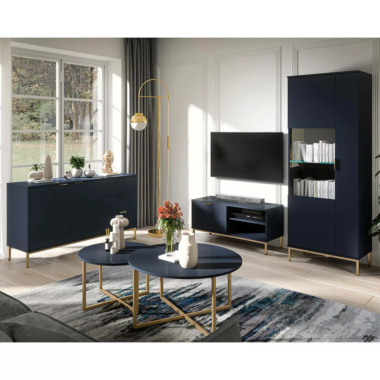 Wohnzimmer Set PERIA-132 mit Sideboard, Couchtischen, Vitrine und TV Lowboa günstig online kaufen