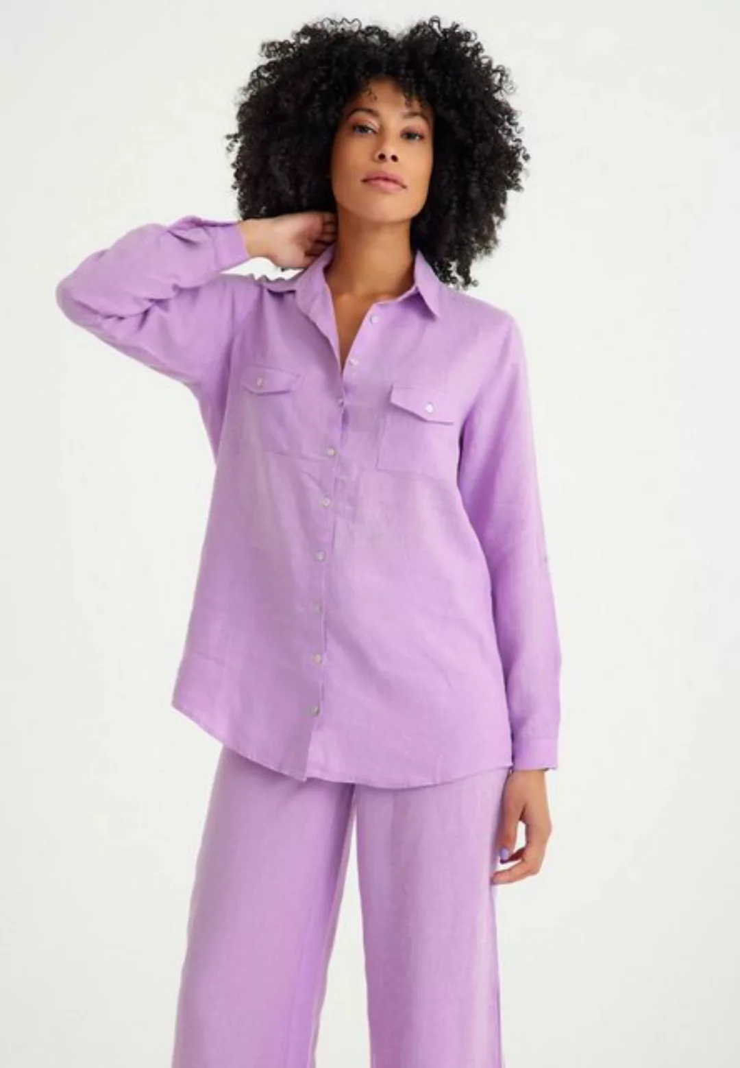 Just Like You Langarmhemd Leinen-Damenhemd mit Taschendetails günstig online kaufen