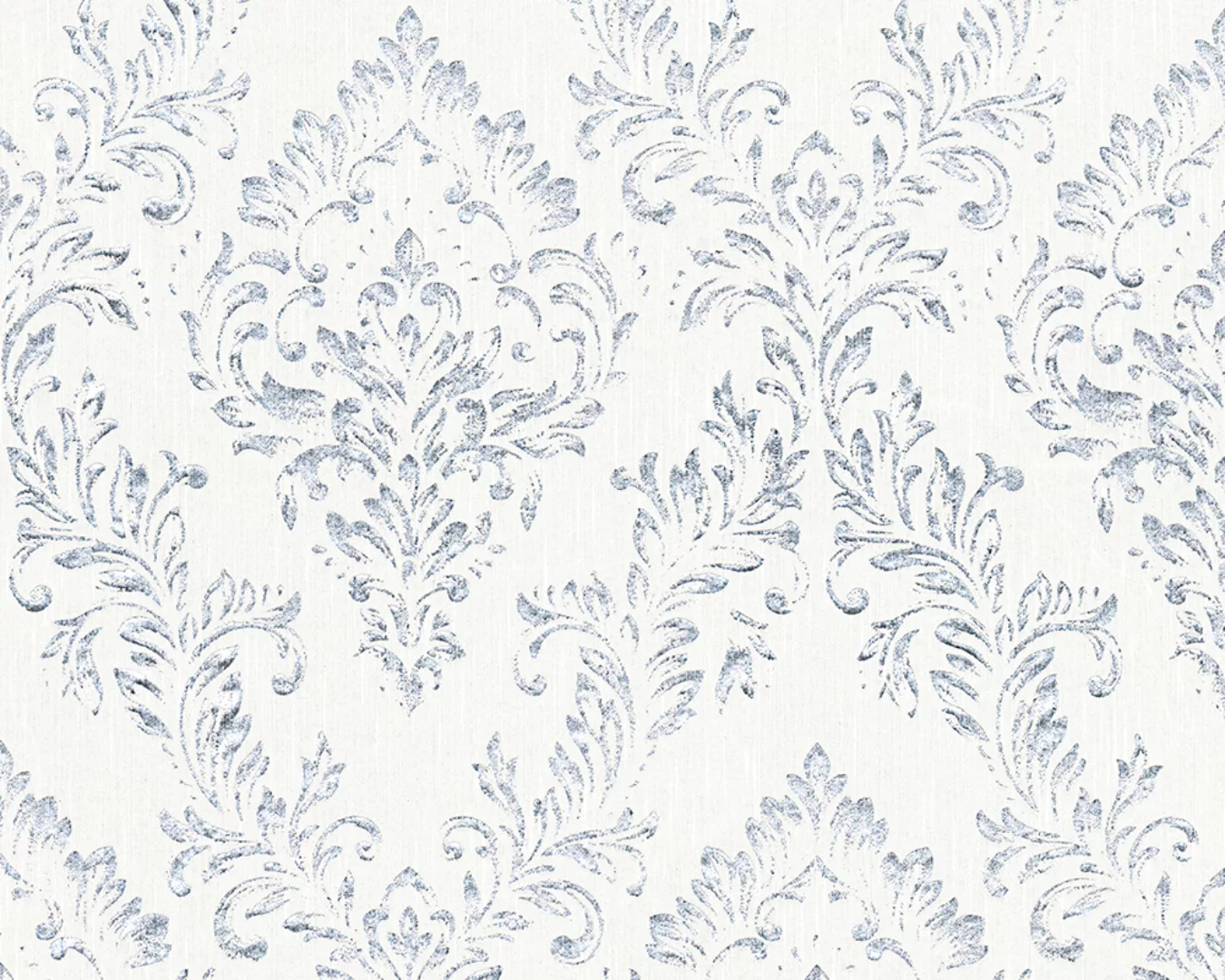 Bricoflor Ornament Tapete Weiß Silber Barock Textiltapete mit Metallic Glit günstig online kaufen