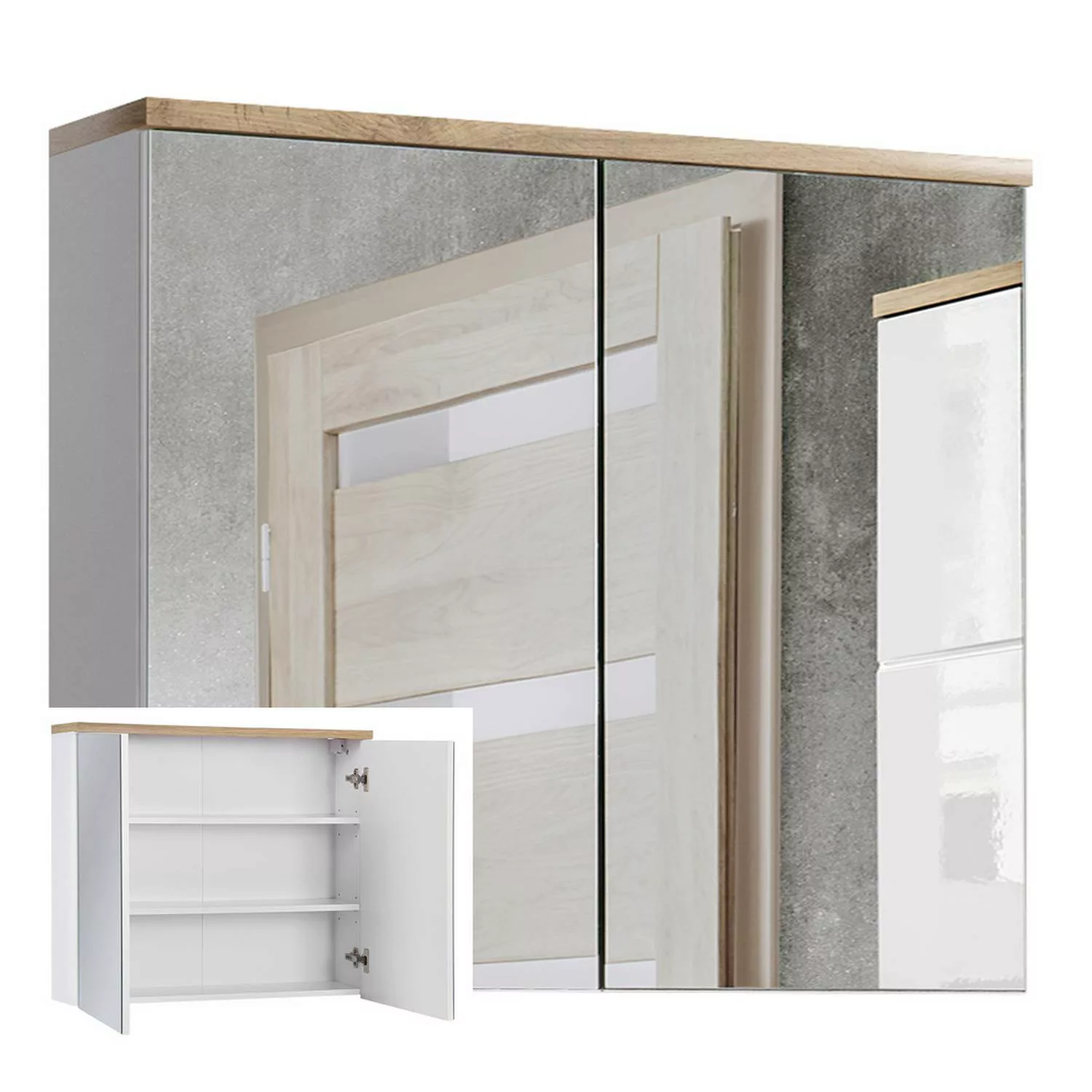 Spiegelschrank 80 cm SOLNA-56, weiß mit Wotaneiche, B x H x T ca. 80 x 70 x günstig online kaufen