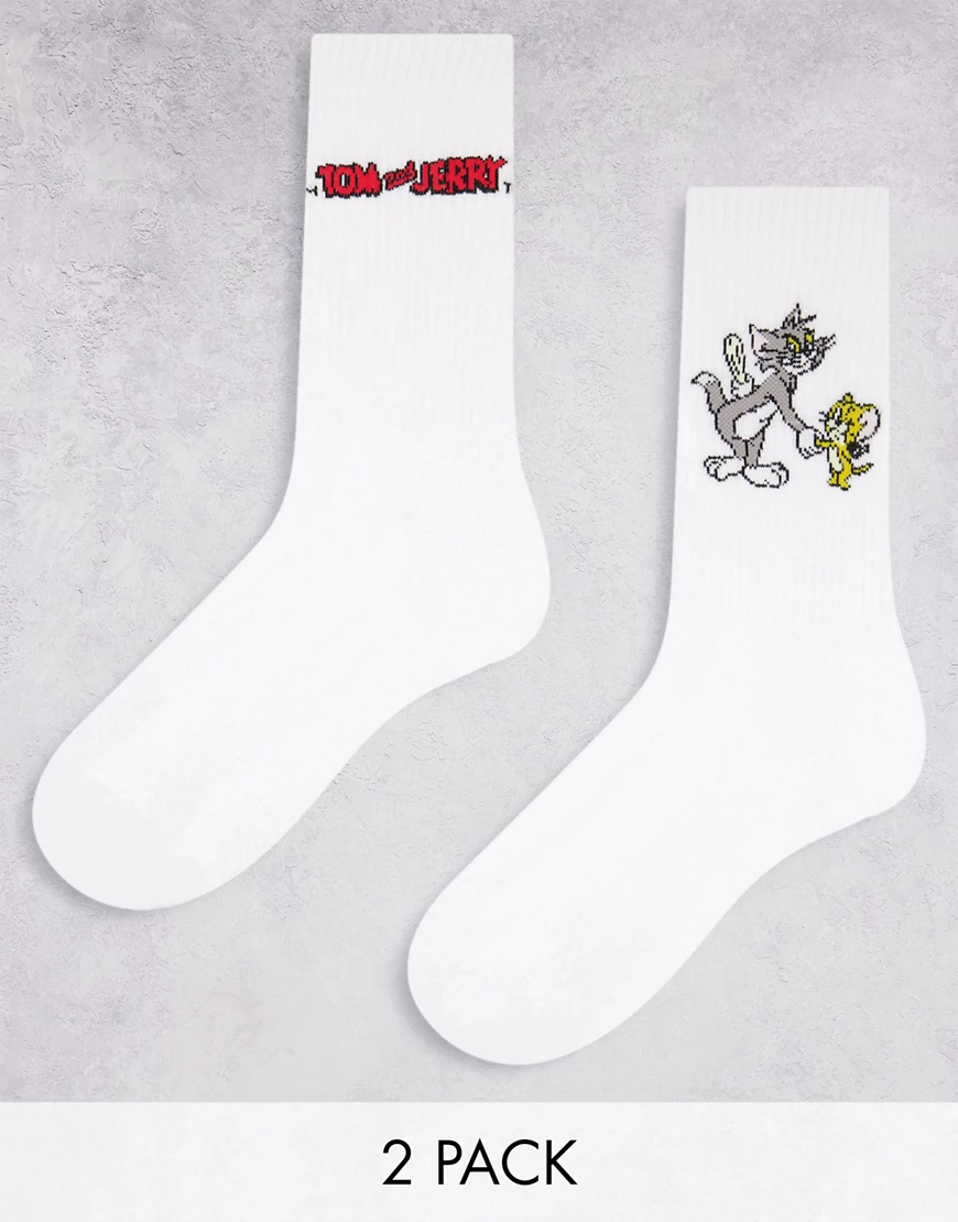 ASOS DESIGN – Sportsocken in Weiß mit Tom und Jerry -Motiv im 2er-Pack günstig online kaufen