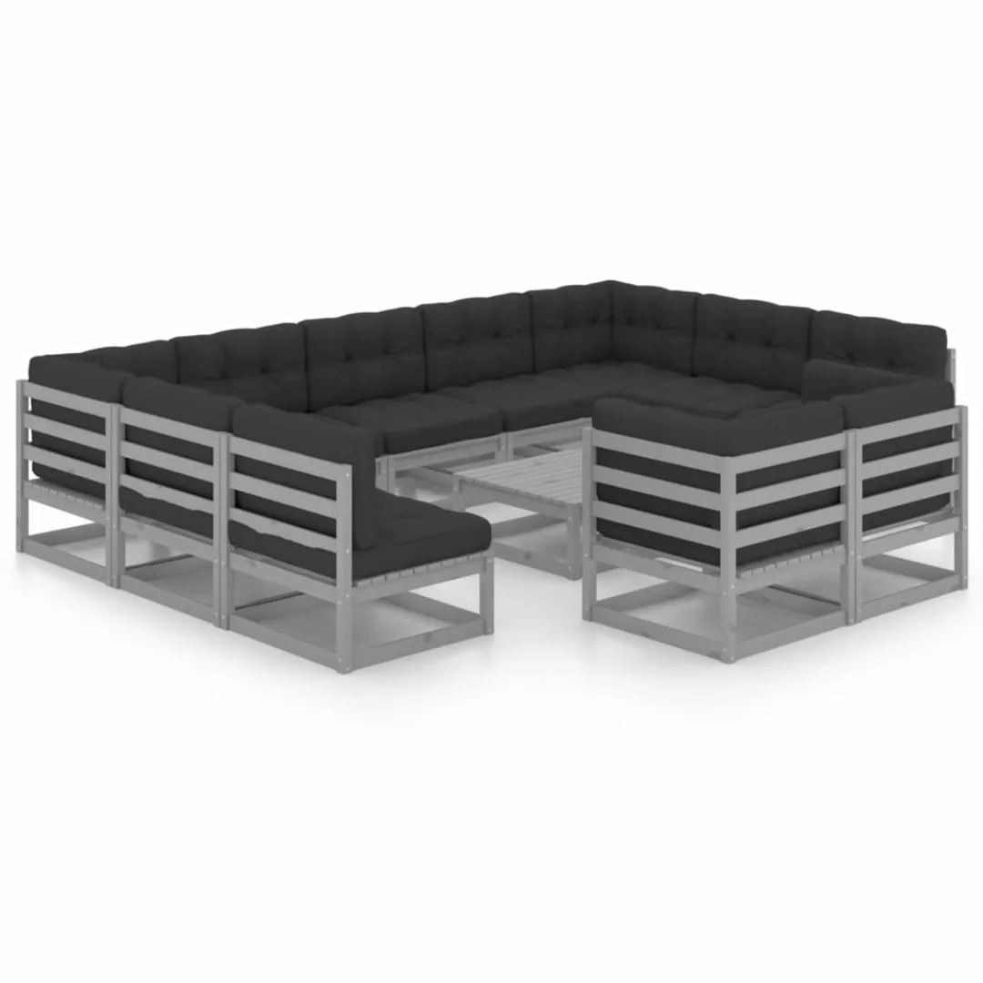 12-tlg. Garten-lounge-set Mit Kissen Grau Kiefer Massivholz günstig online kaufen