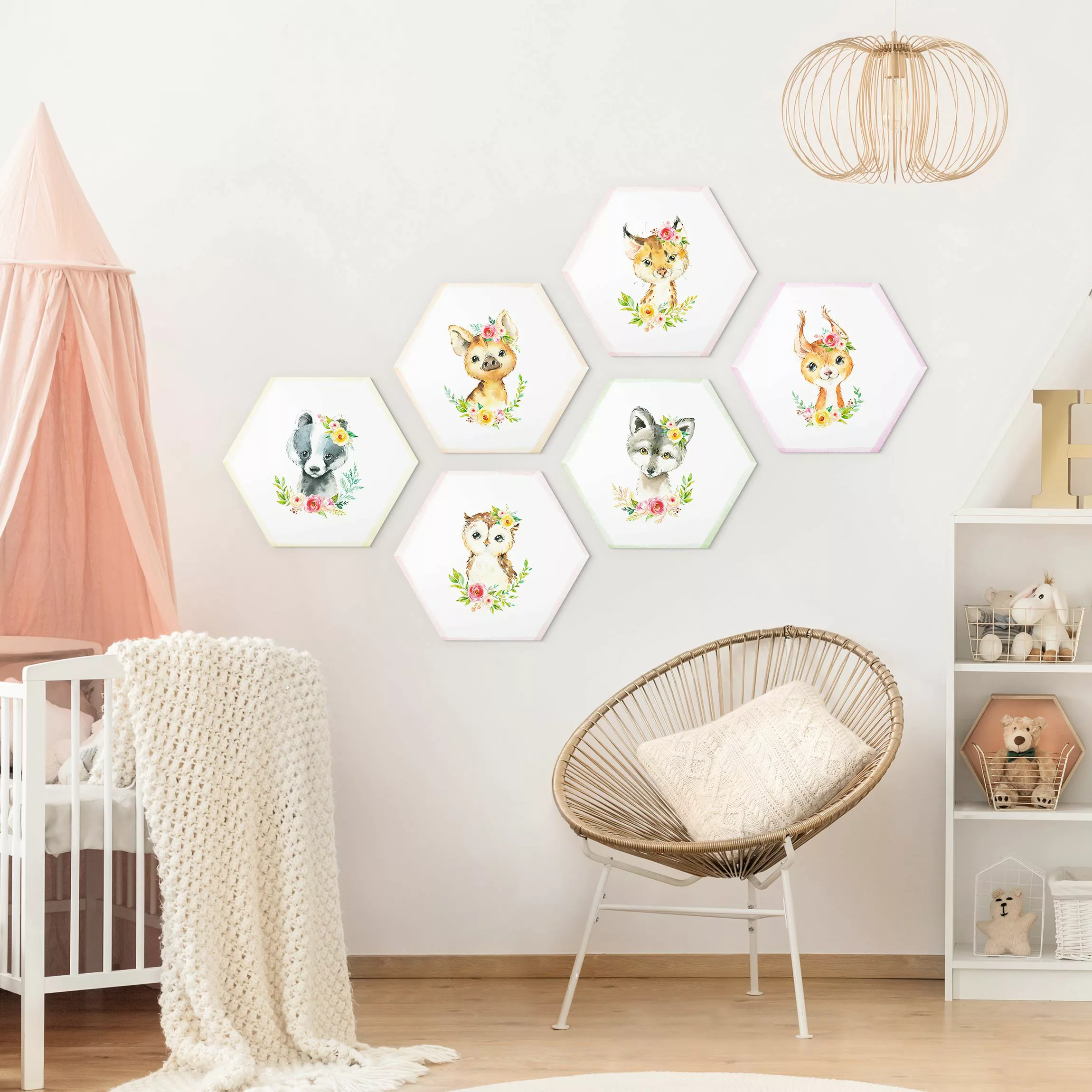 6-teiliges Hexagon-Alu-Dibond Bild Aquarell Waldtiere mit Blumen Set V günstig online kaufen