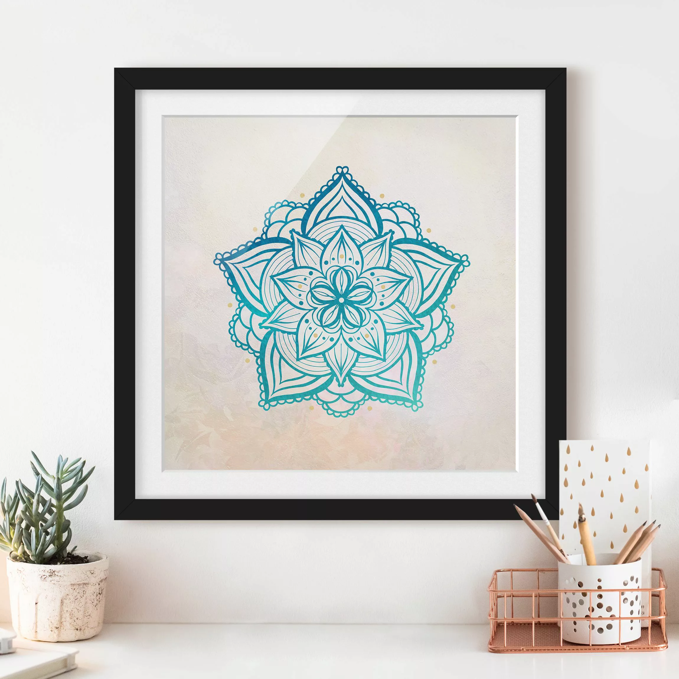 Bild mit Rahmen - Quadrat Mandala Illustration Mandala gold blau günstig online kaufen