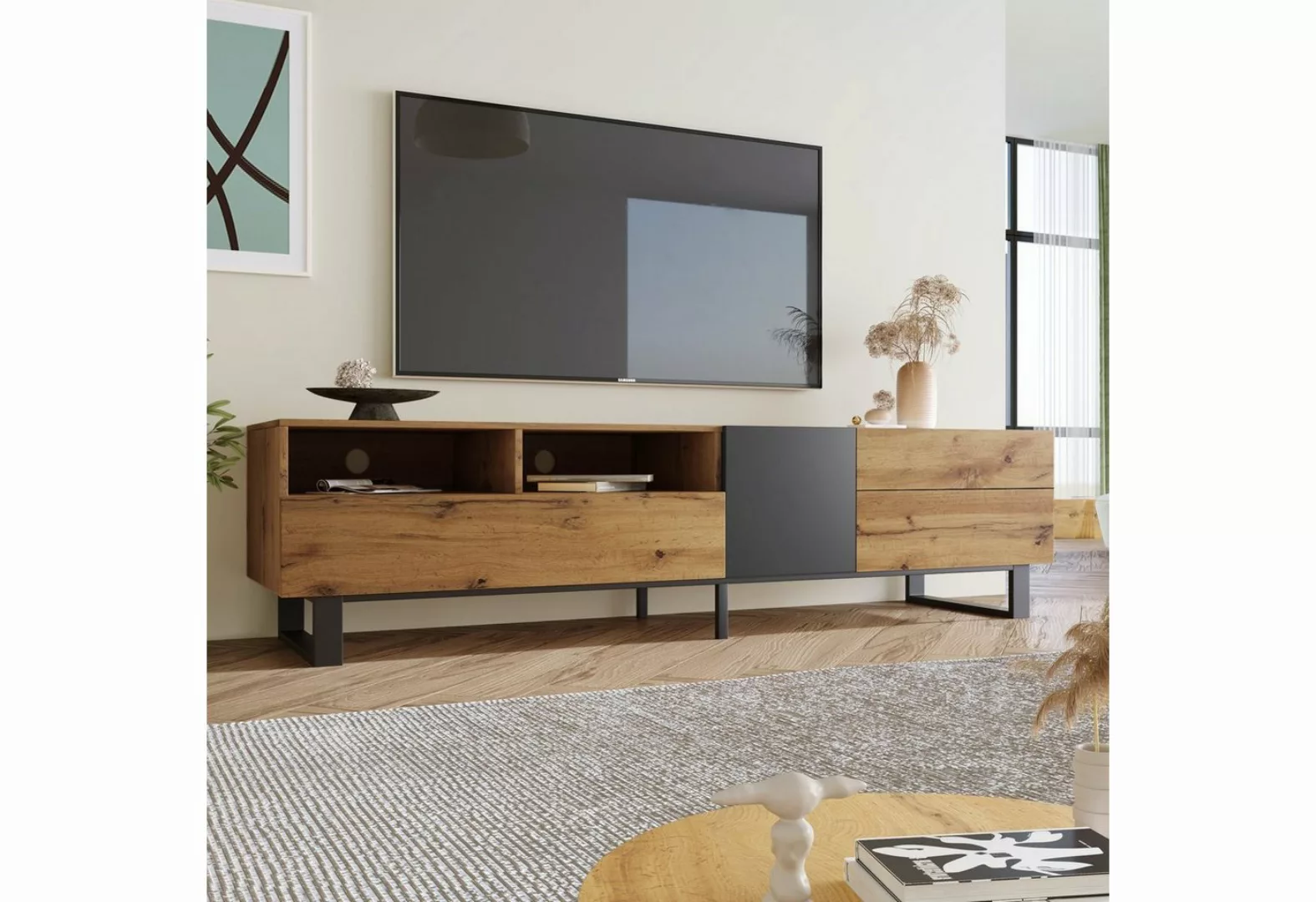 REDOM TV-Schrank mit Holzmaserung 180cm Moderner Colorblocking 180 x 50 x 3 günstig online kaufen