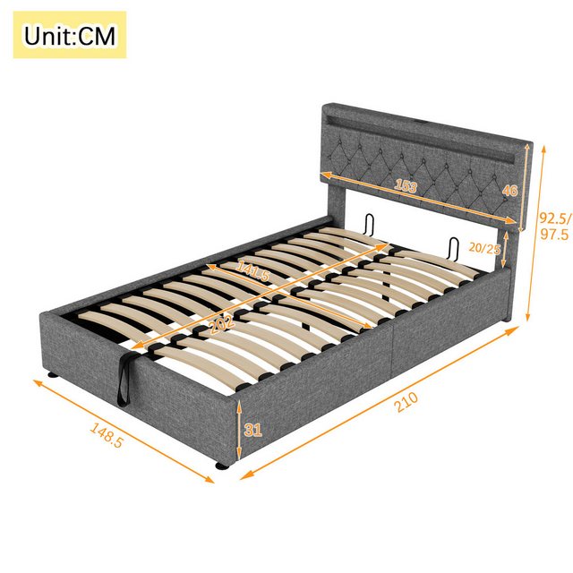 Flieks Polsterbett, LED Hydraulisches Doppelbett 140x200cm mit Ladefunktion günstig online kaufen