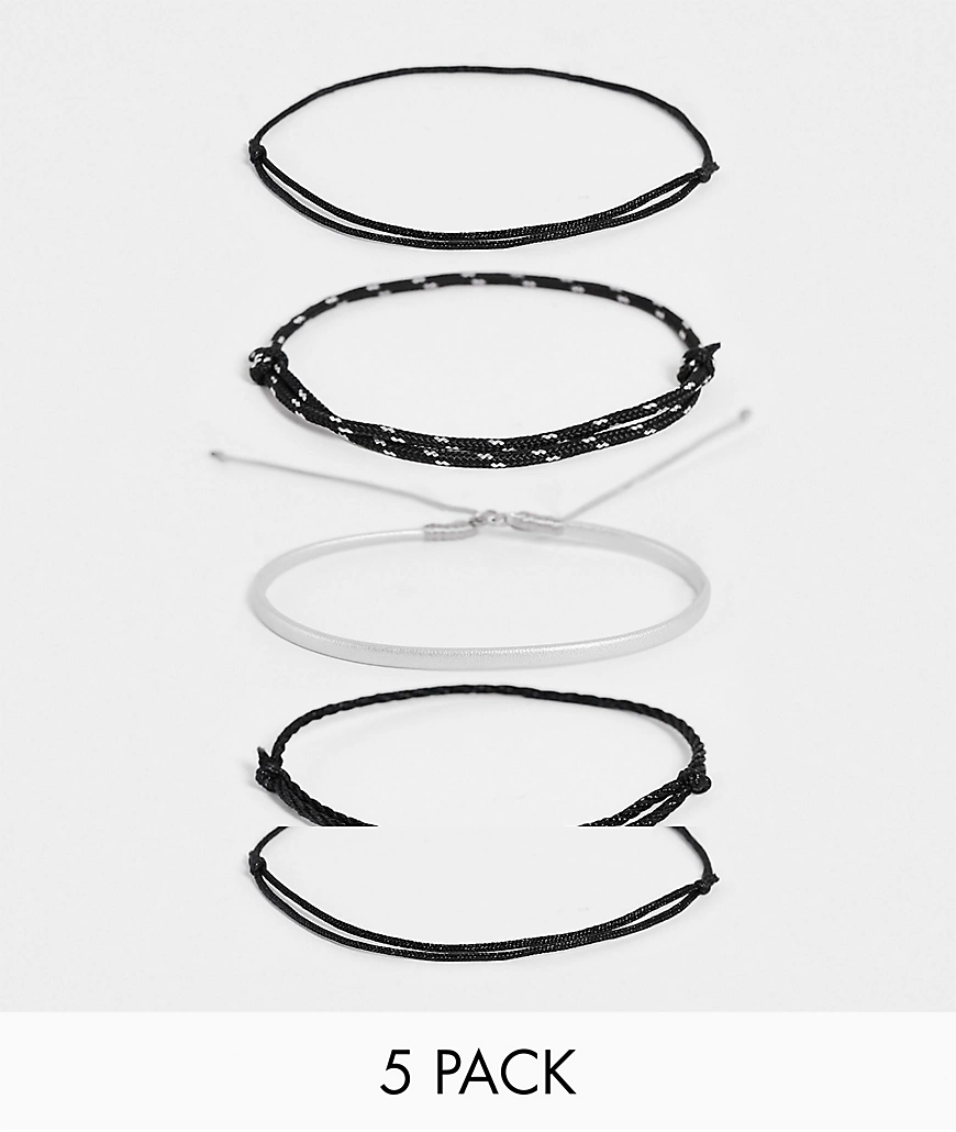 ASOS DESIGN – Armband-Set im Kordeldesign in Schwarz und Silberoptik im 5er günstig online kaufen