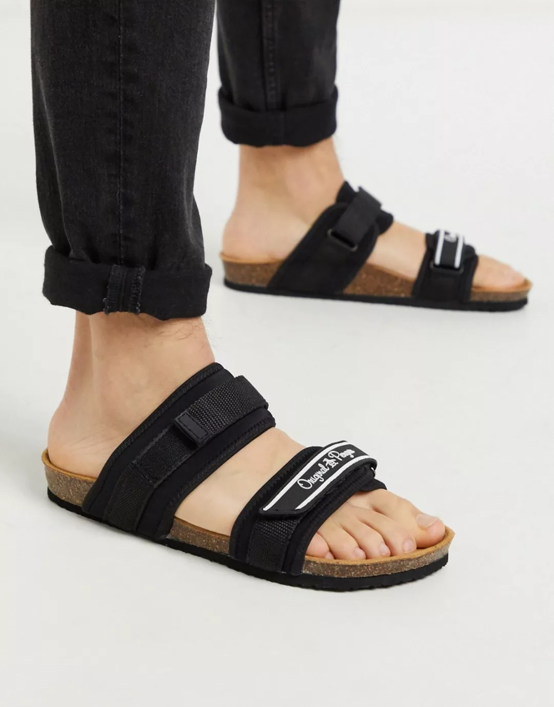 Original Penguin – Schwarze Neopren-Sandalen mit Logo günstig online kaufen