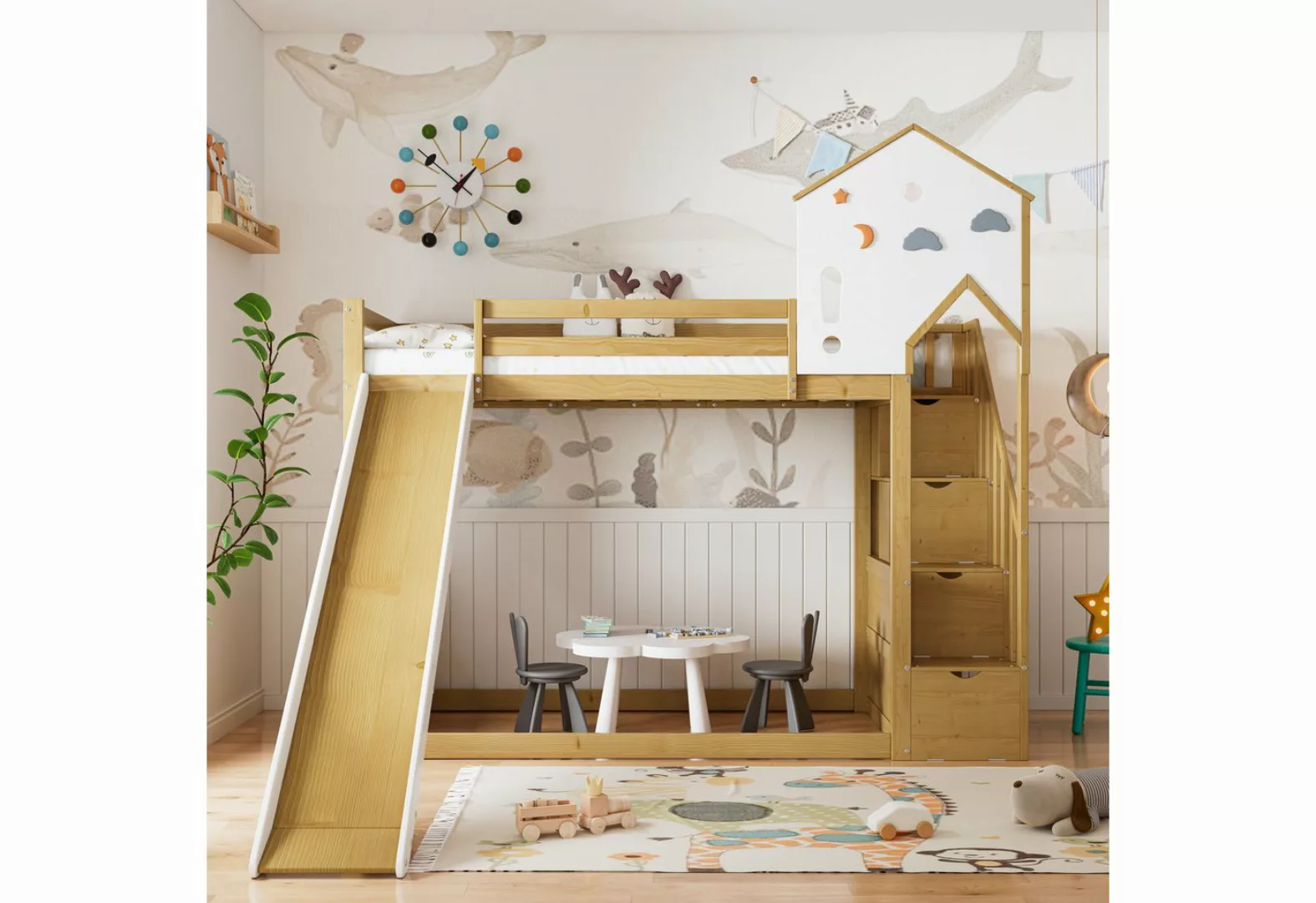 liebtech Etagenbett Hausbett Kinderbett Bett mit Ecktreppe Kinderbett mit D günstig online kaufen