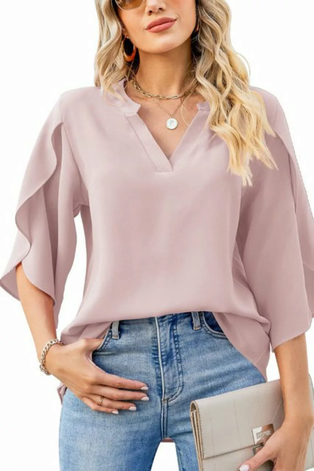 Ciskotu Kurzarmbluse Damen Casual Chiffon Bluse Tops 3/4 Rüschen Ärmel V-Au günstig online kaufen