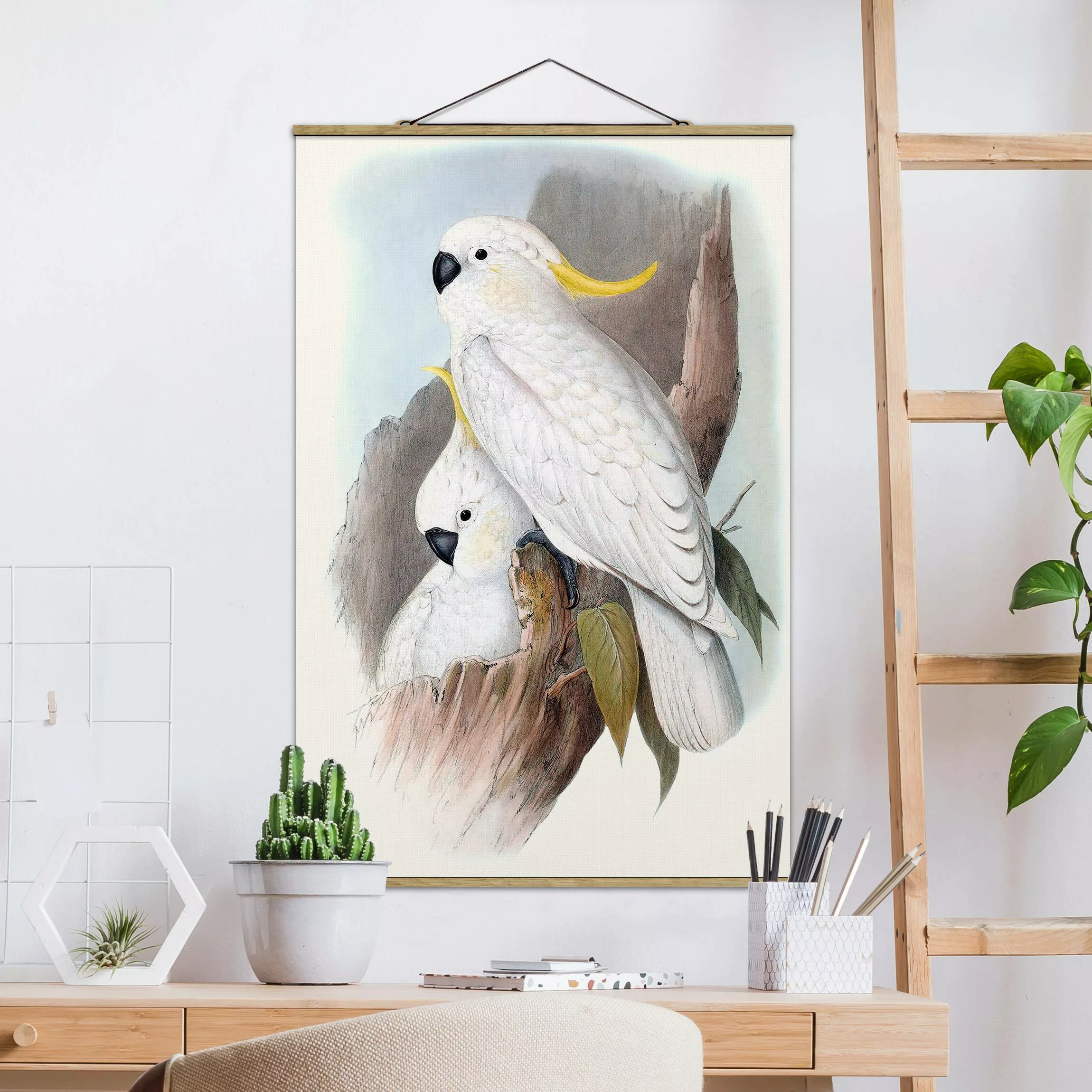 Stoffbild Tiere mit Posterleisten - Hochformat Pastell Papageien III günstig online kaufen