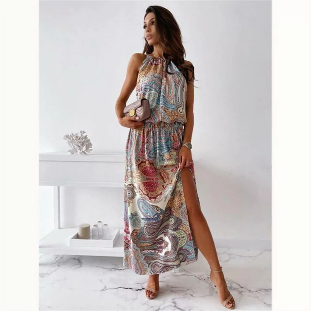 FIDDY Strandkleid Sommer bedrucktes Neckholder-Taillenschlitzkleid Damen-St günstig online kaufen