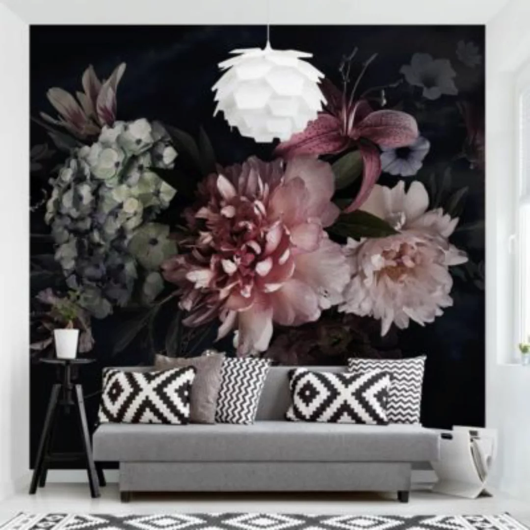 Bilderwelten Fototapete Blumen mit Nebel auf Schwarz schwarz Gr. 336 x 336 günstig online kaufen