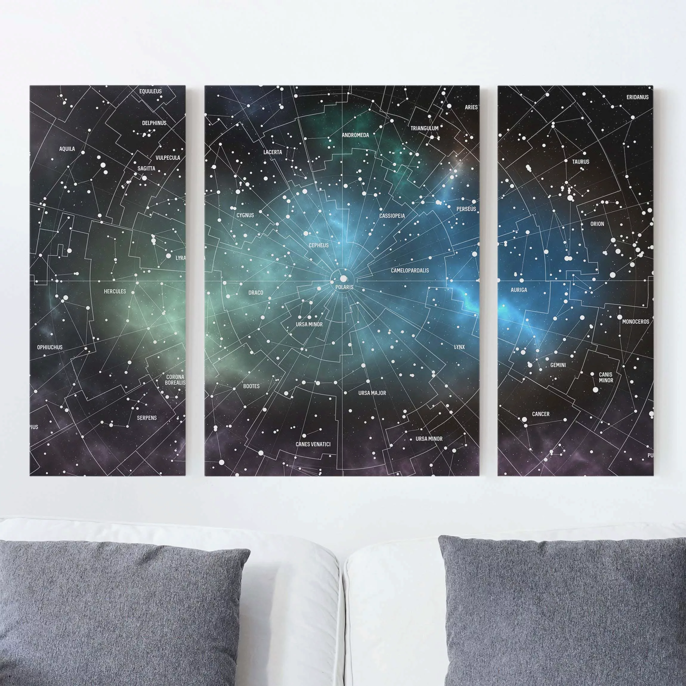 3-teiliges Leinwandbild Weltkarte - Querformat Sternbilder Karte Galaxieneb günstig online kaufen